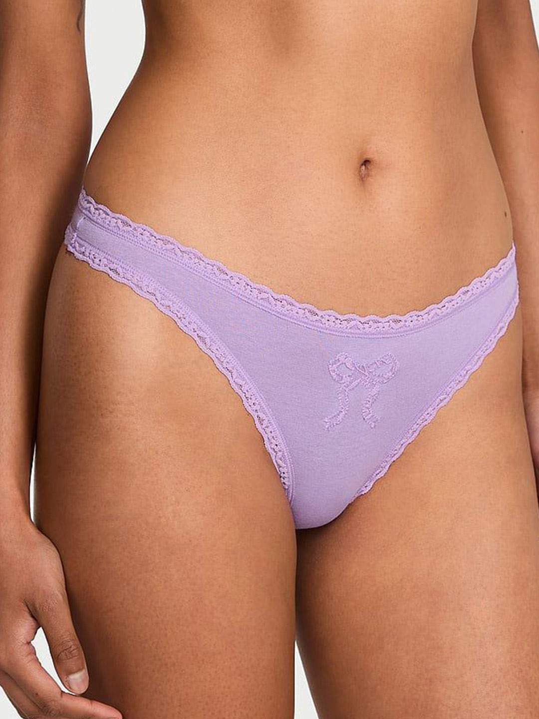 Victoria's Secret Women Floral Self-Deign Cotton Low-Rise Lace Thong Panty