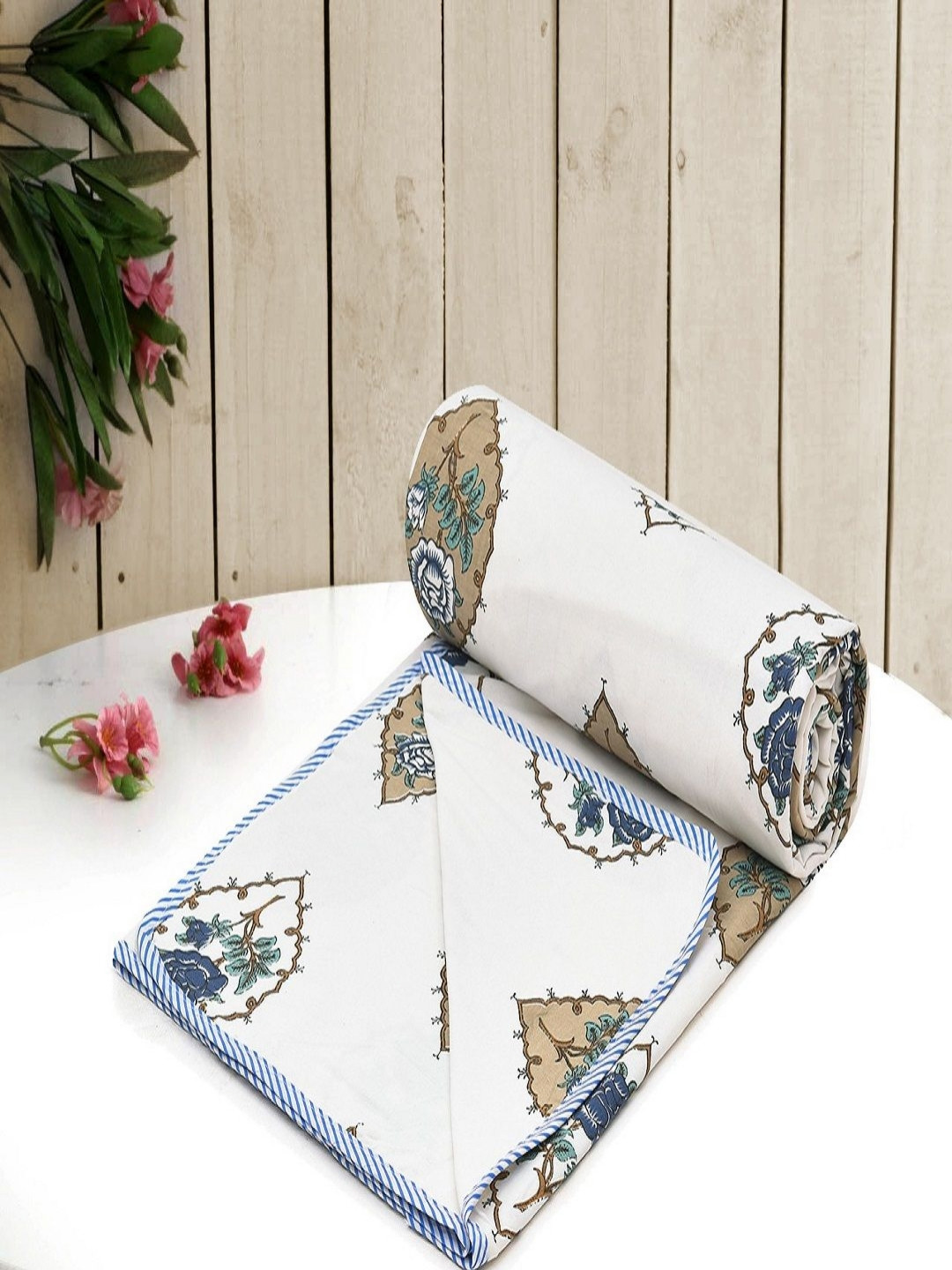 RRC Blue Floral Printed AC Room 150 GSM Cotton 3 layered Single Dohar