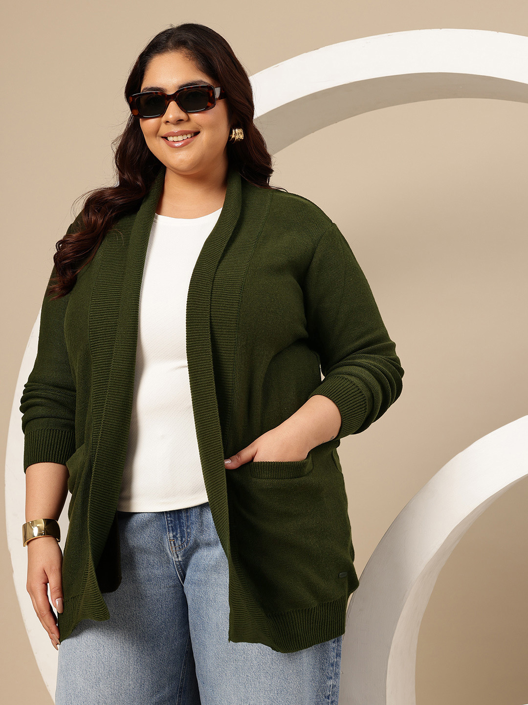 Sztori Plus Size Shawl Collar Front Open Sweater