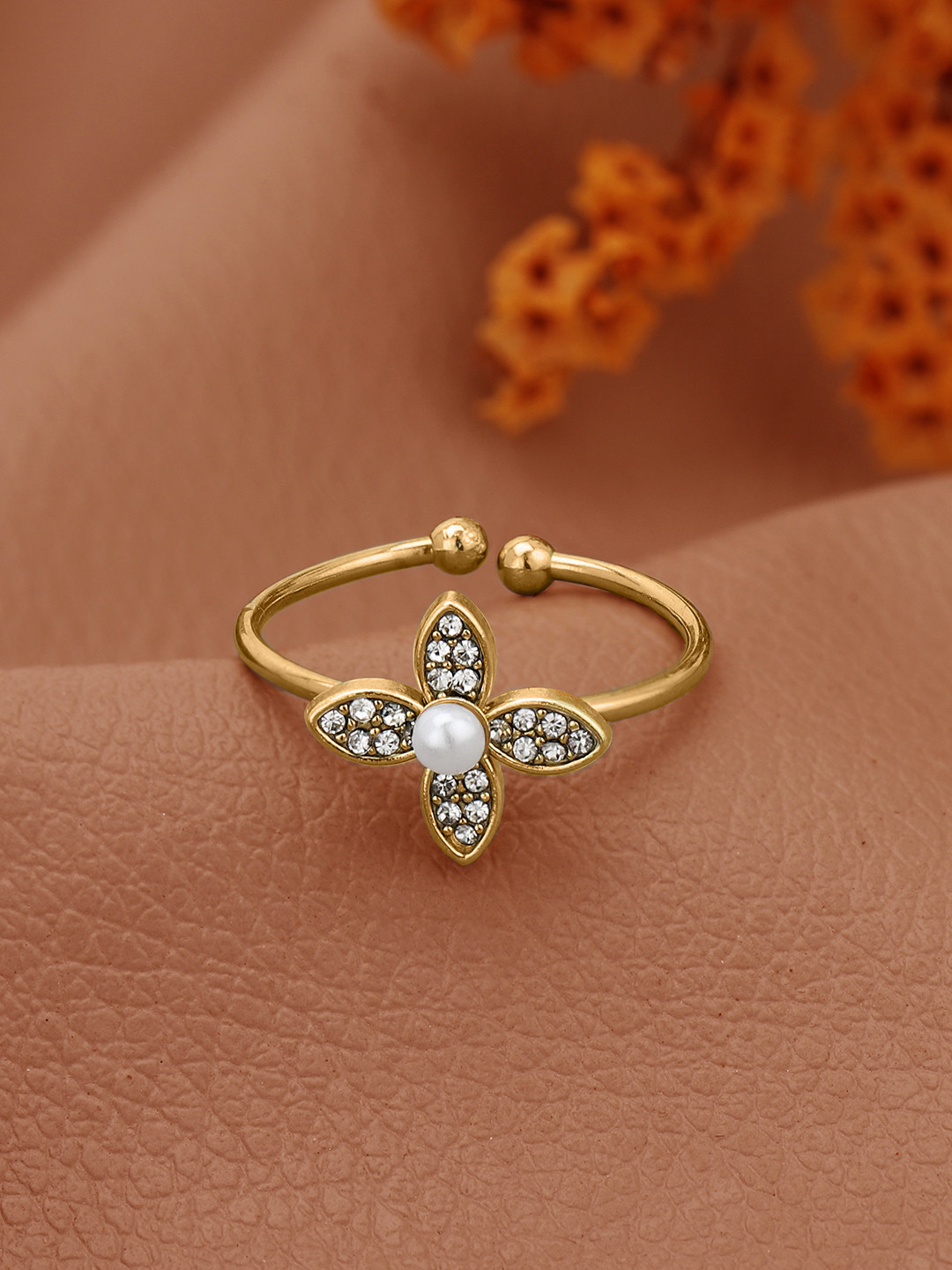 Carlton London Gold Plated CZ White Pearl Floral Adjustable Ring