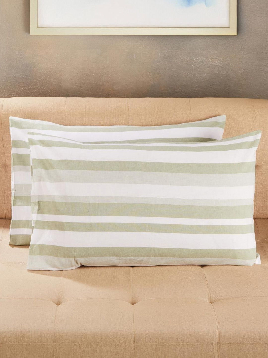 Fabindia Nivan Green & White 2 Pieces Striped Pure Cotton Rectangle Pillow Covers
