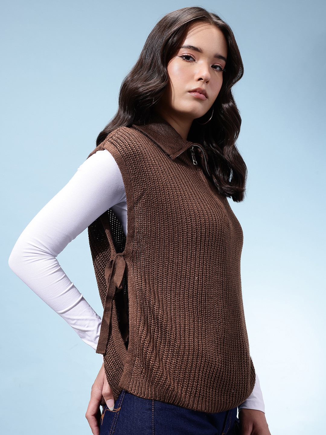 glitchez Mock Collar Side Open Ribbed Oversized Sweater Vest