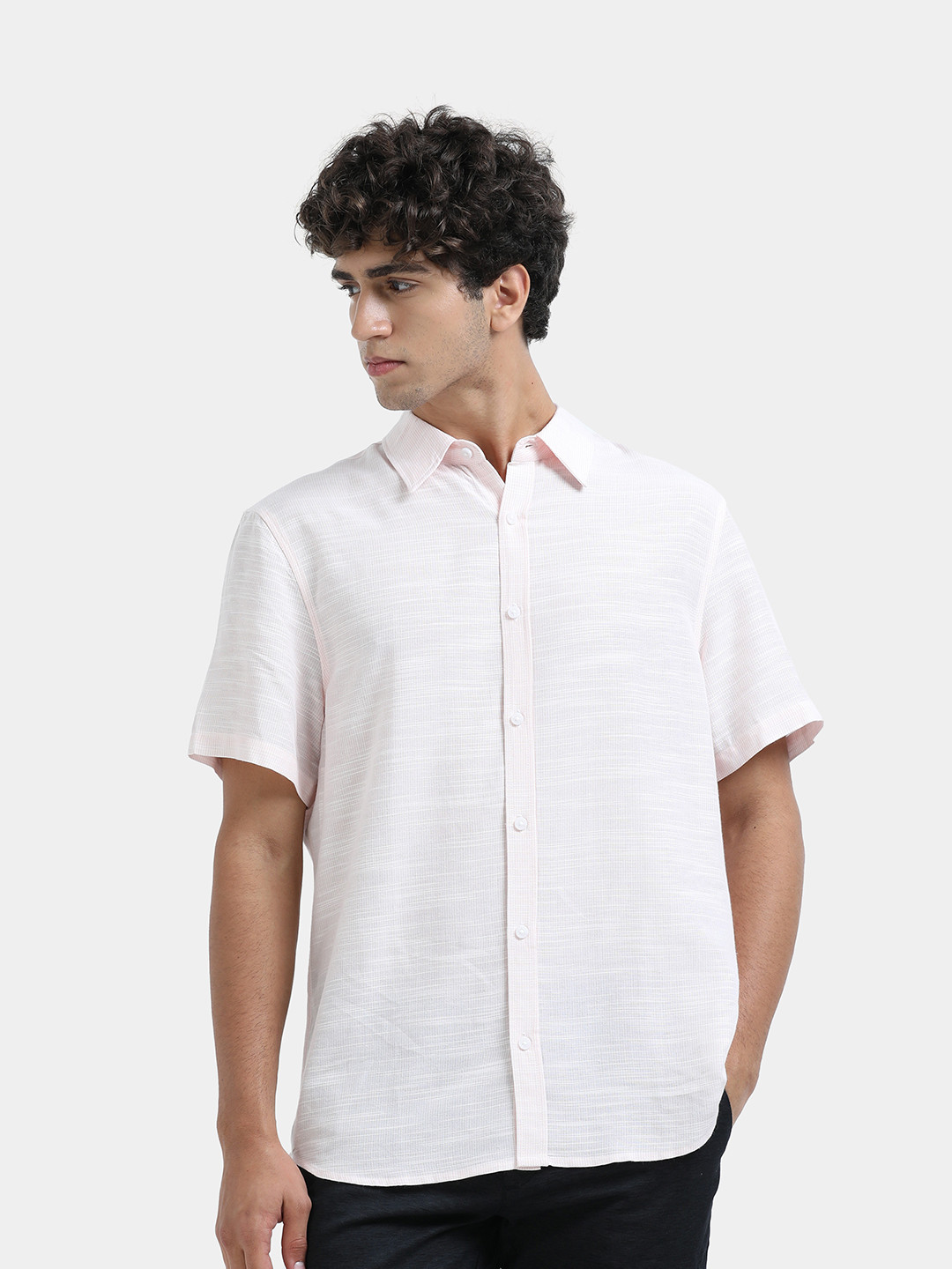 StitchX Men's Light Peach Short Sleeve Solid Shirt