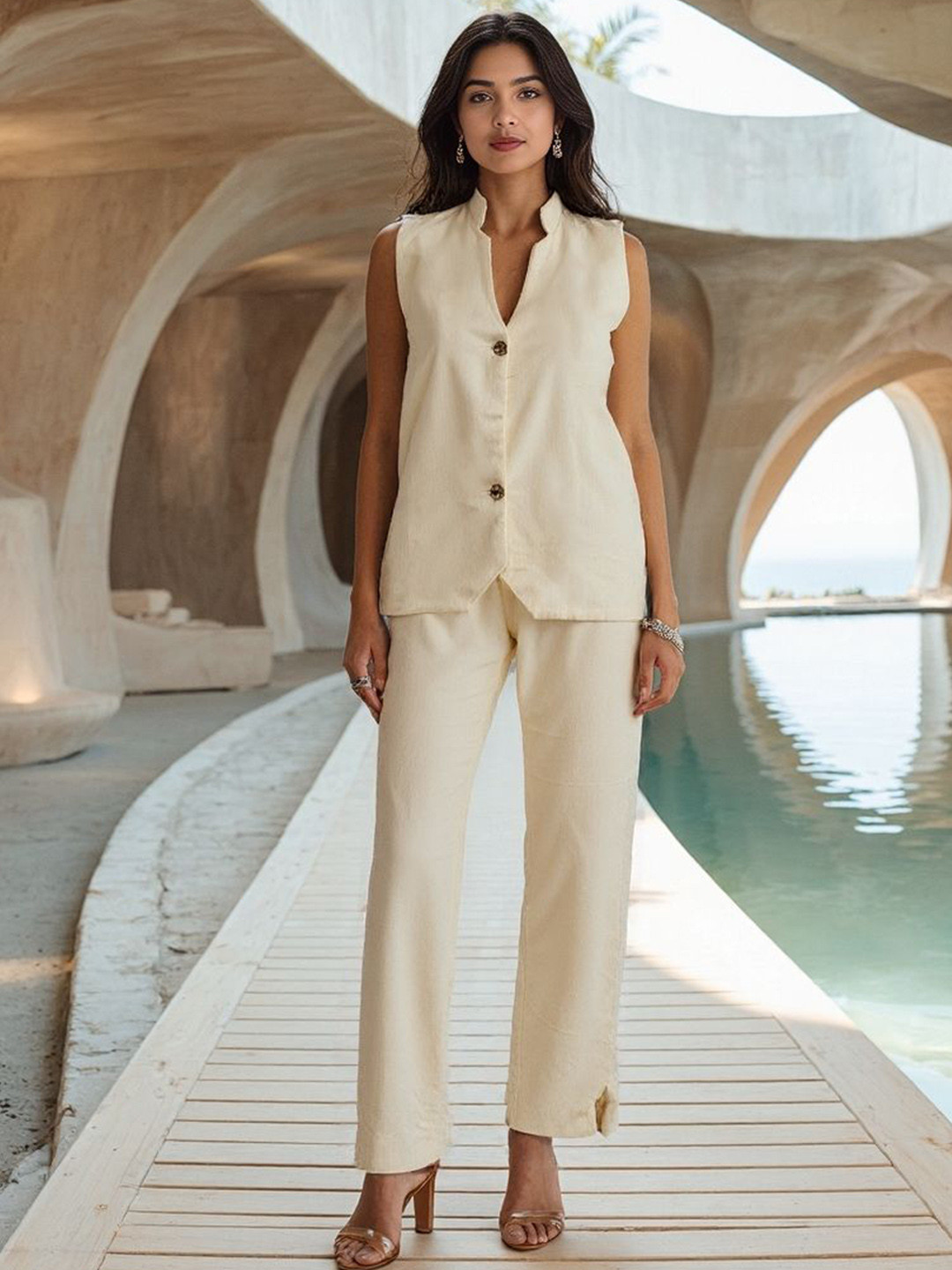 Naava Lilly V-Neck Sleeveless Pure Cotton Waistcoat With Trousers