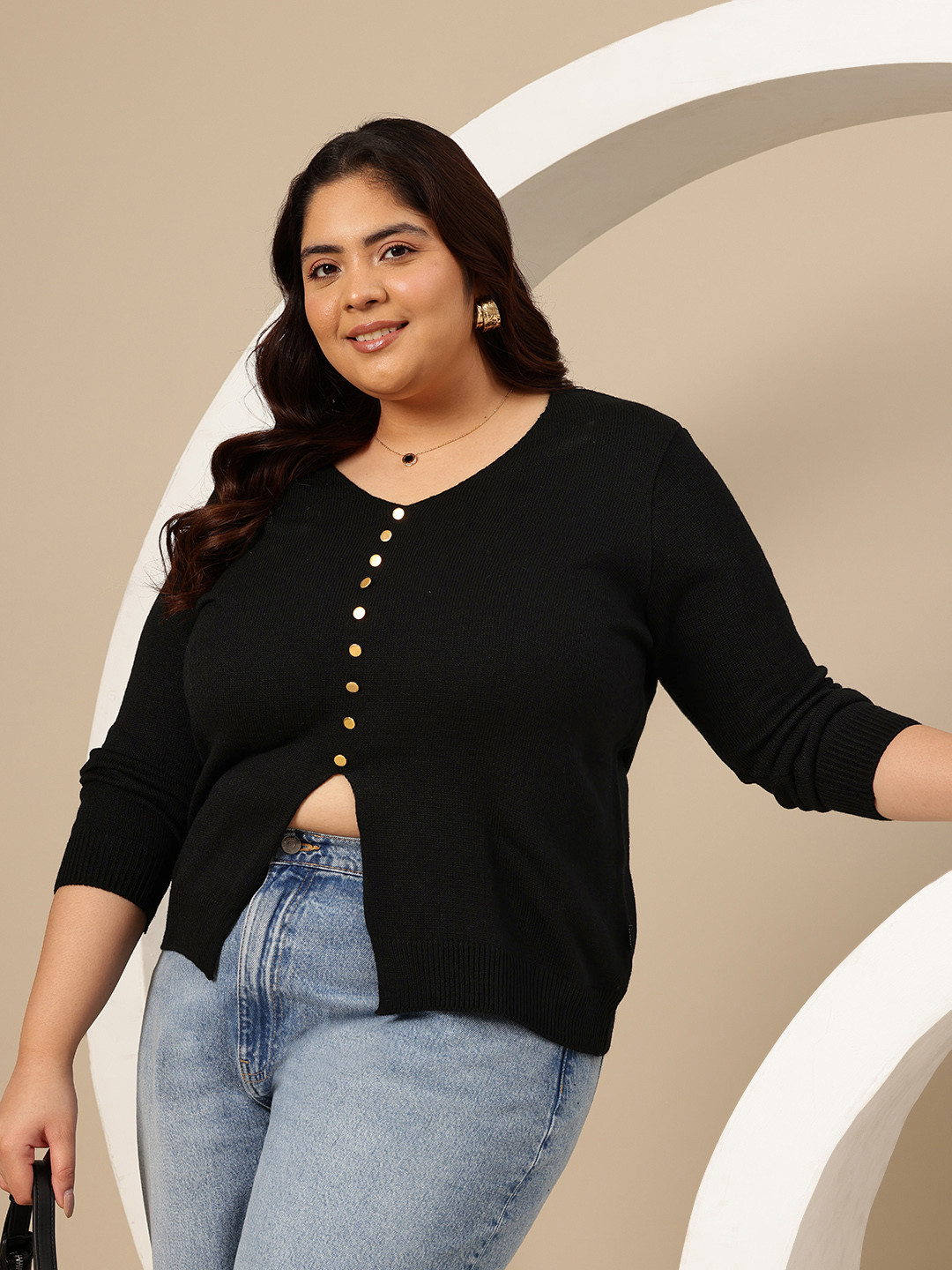Sztori Plus Size Pullover With Front Slit and Button Detail