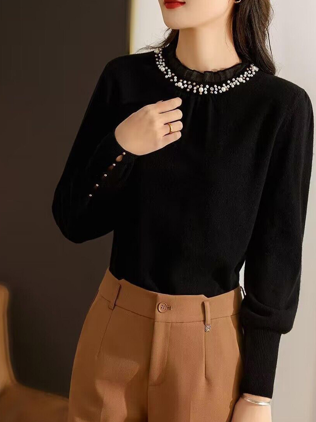 StyleCast Round Neck Bishop Sleeve Pullover Sweater With Embellished Detail