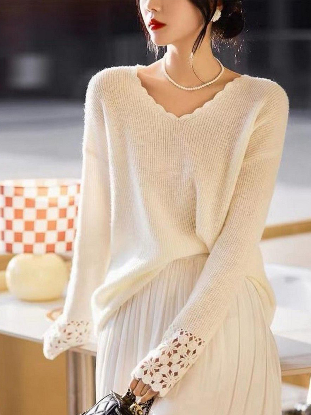 StyleCast V-Neck Sweater With Crochet Lace Cuffs
