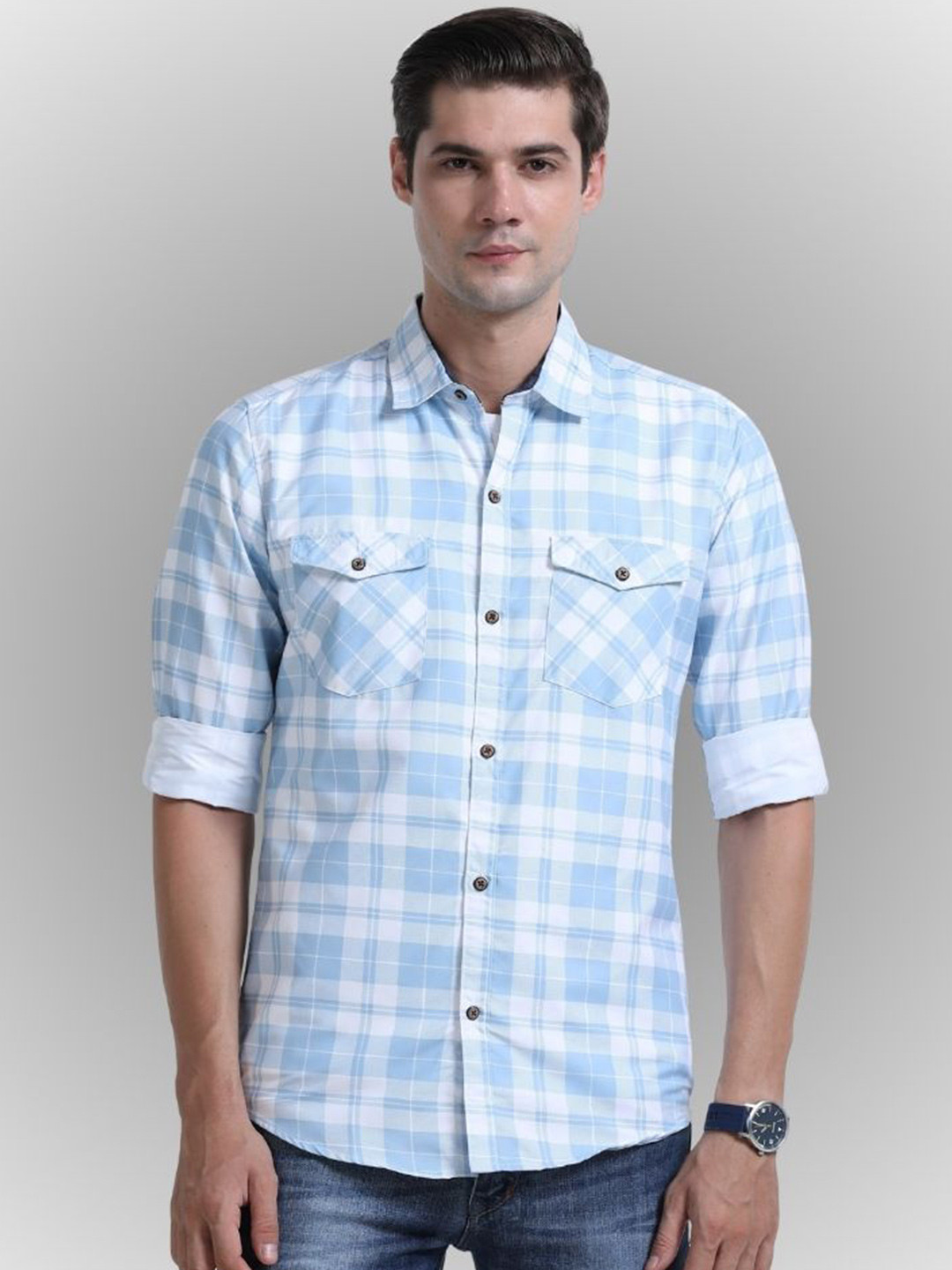 RS Fashions Checked Spread Collar Roll-Up Sleeves Comfort Slim Fit Casual Shirt