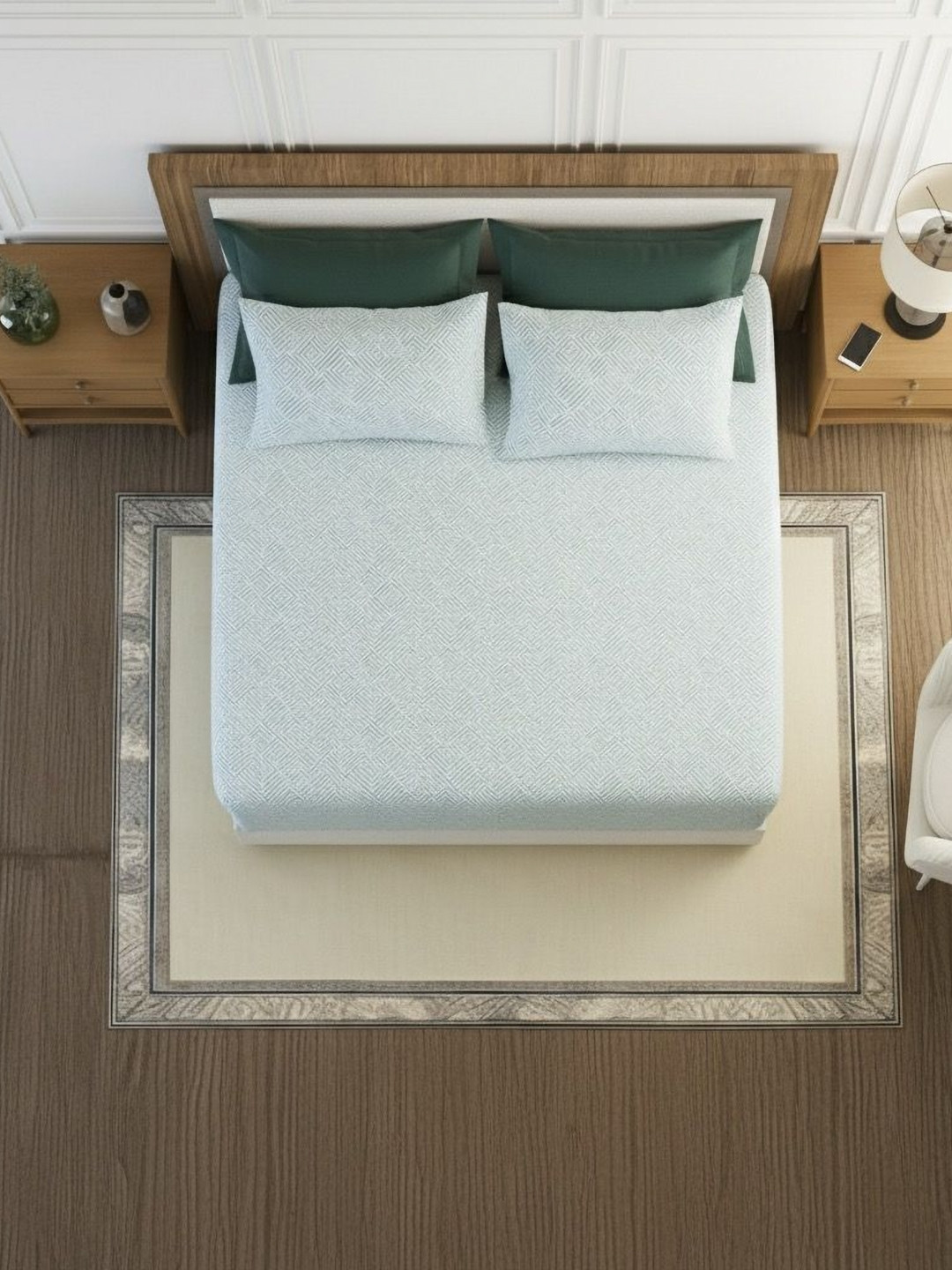 Triani Green & White Printed Cotton 350 TC Super King Bedsheet Set-2.74 m x 2.74 m