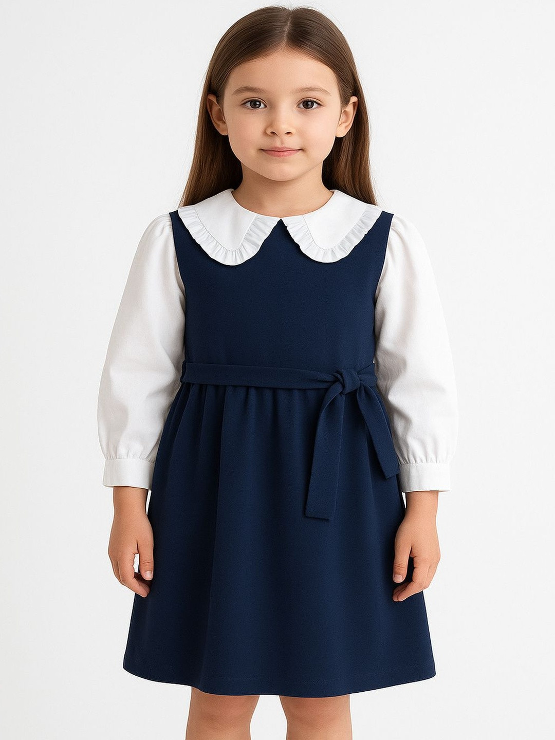 BRIGHT STARS KIDSWEAR Girls Solid Knee Length Peter Pan Collar Fit & Flare Dress