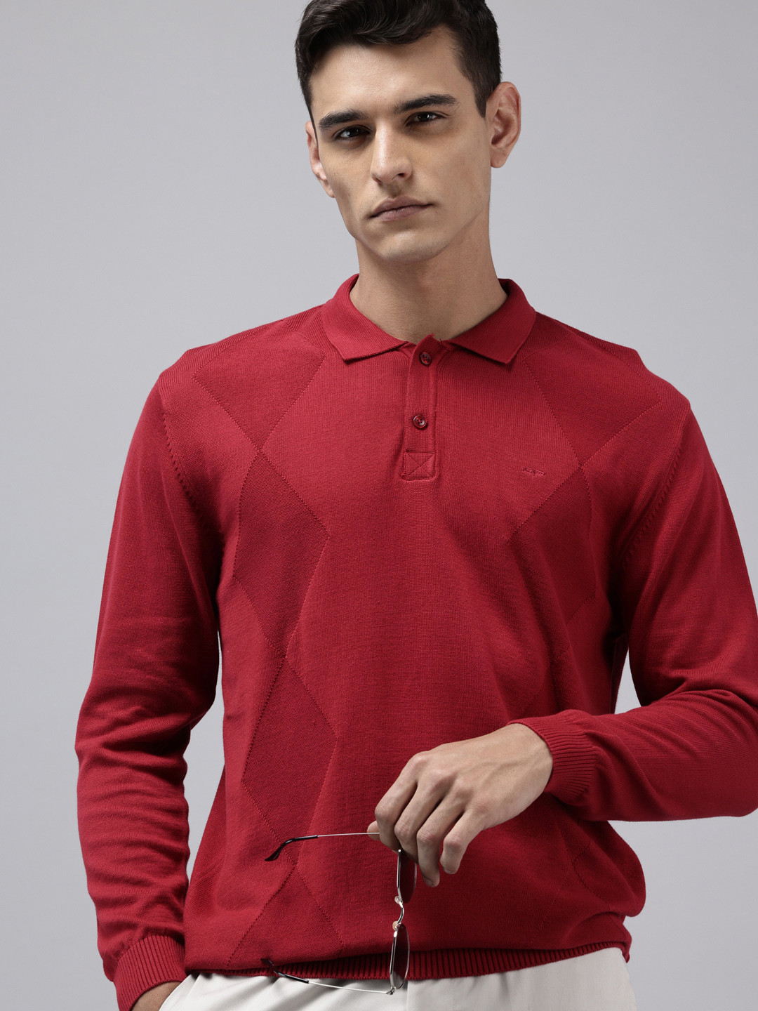 ColorPlus Pure Cotton Self-Design Geometric Shirt Collar Pullover Sweater