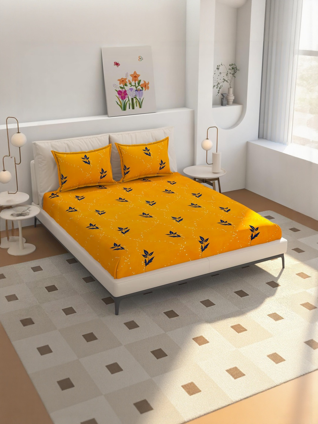 NEW TOWN Multicoloured 210 TC Cotton Fitted Queen Bedsheets With 2 Pillow Covers