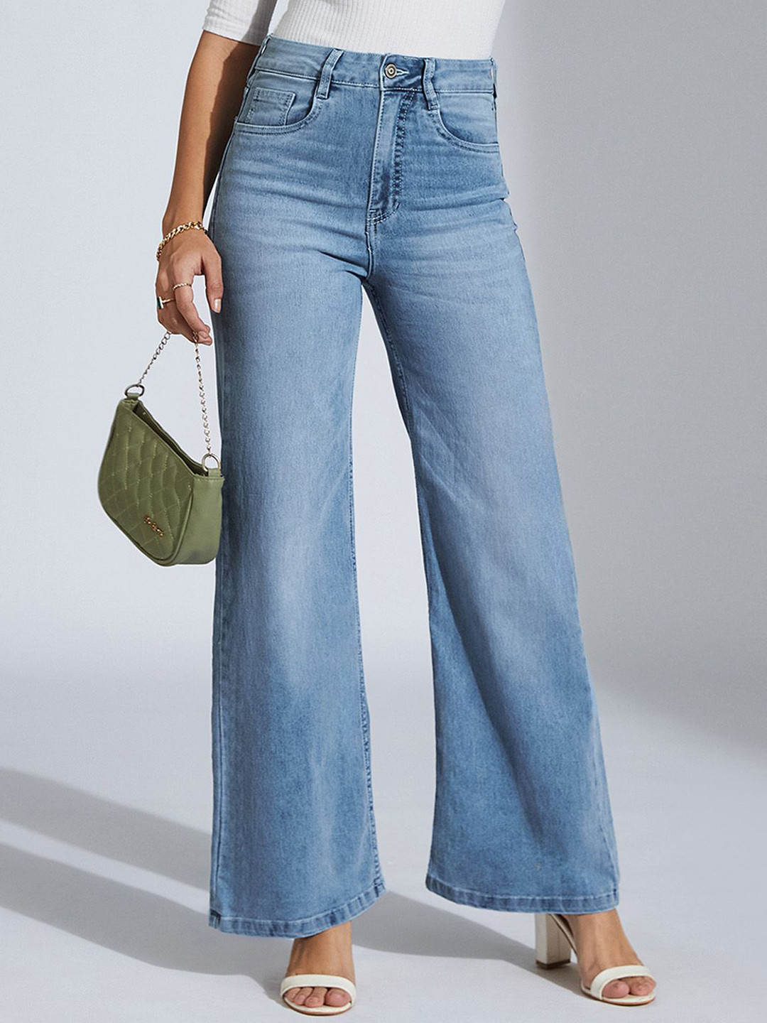 Miss Chase Twilight Gate Women Wide Leg High-Rise Light Fade Stretchable Jeans