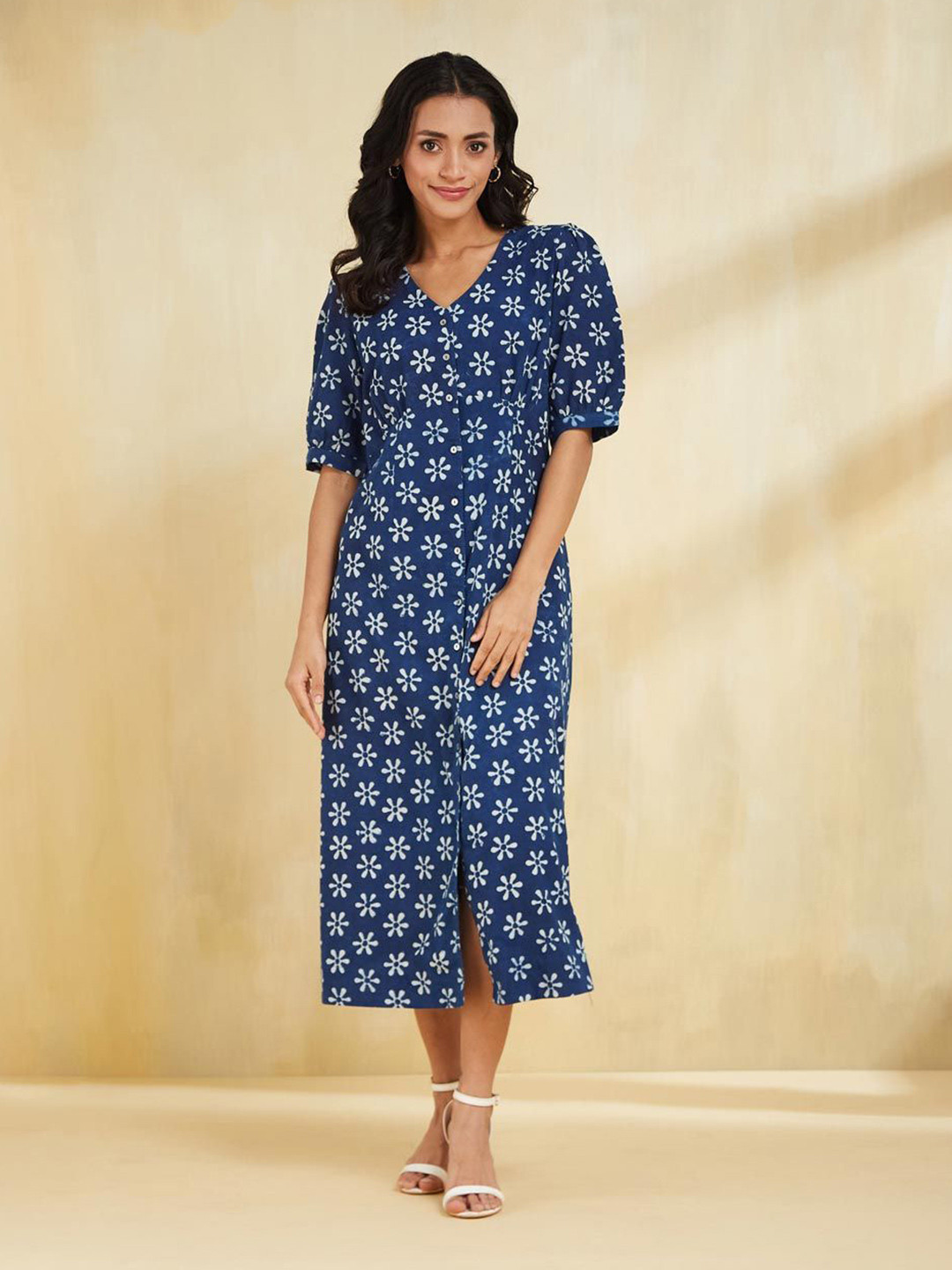 Fabindia Women Navy Blue Printed V-Neck Elbow Sleeves A-Line Dress