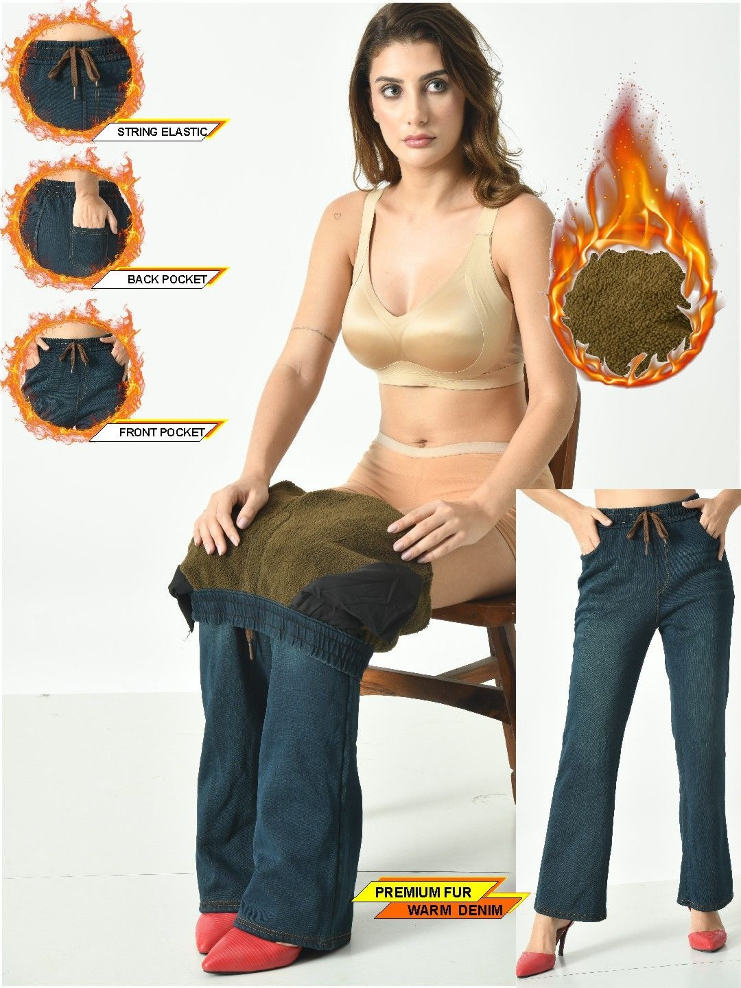 PIFTIF Women Fleece Thermal Denim Legging Fur Thermal Pant