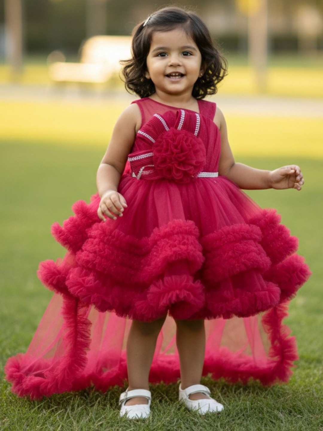 Lagorii Girls Frock with Ruffled Layers and Statement Bow and Tailback Fit & Flare Dress