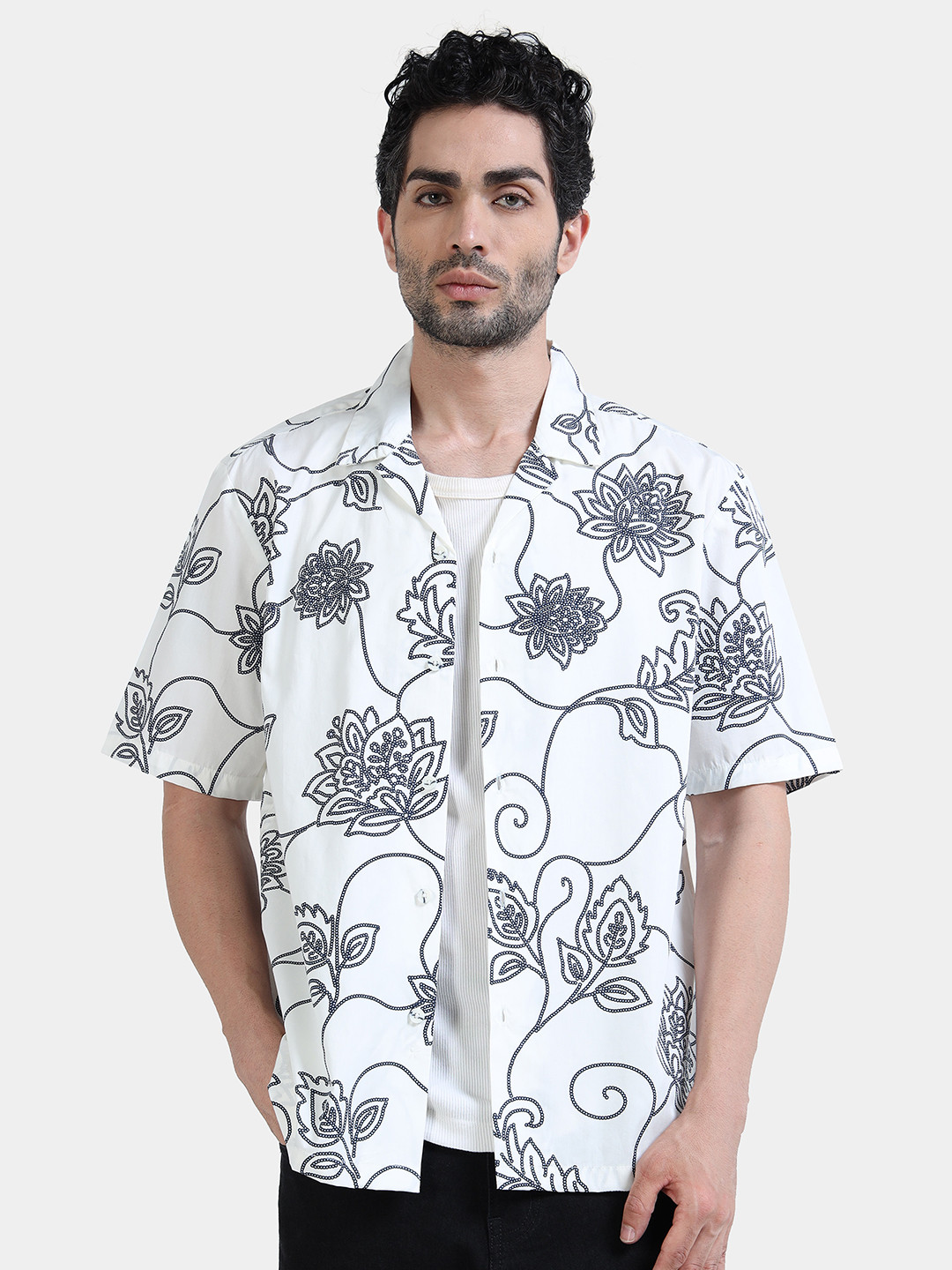 StitchX Men Floral Printed Cuban Collar Relaxed Fit Cotton Shirt