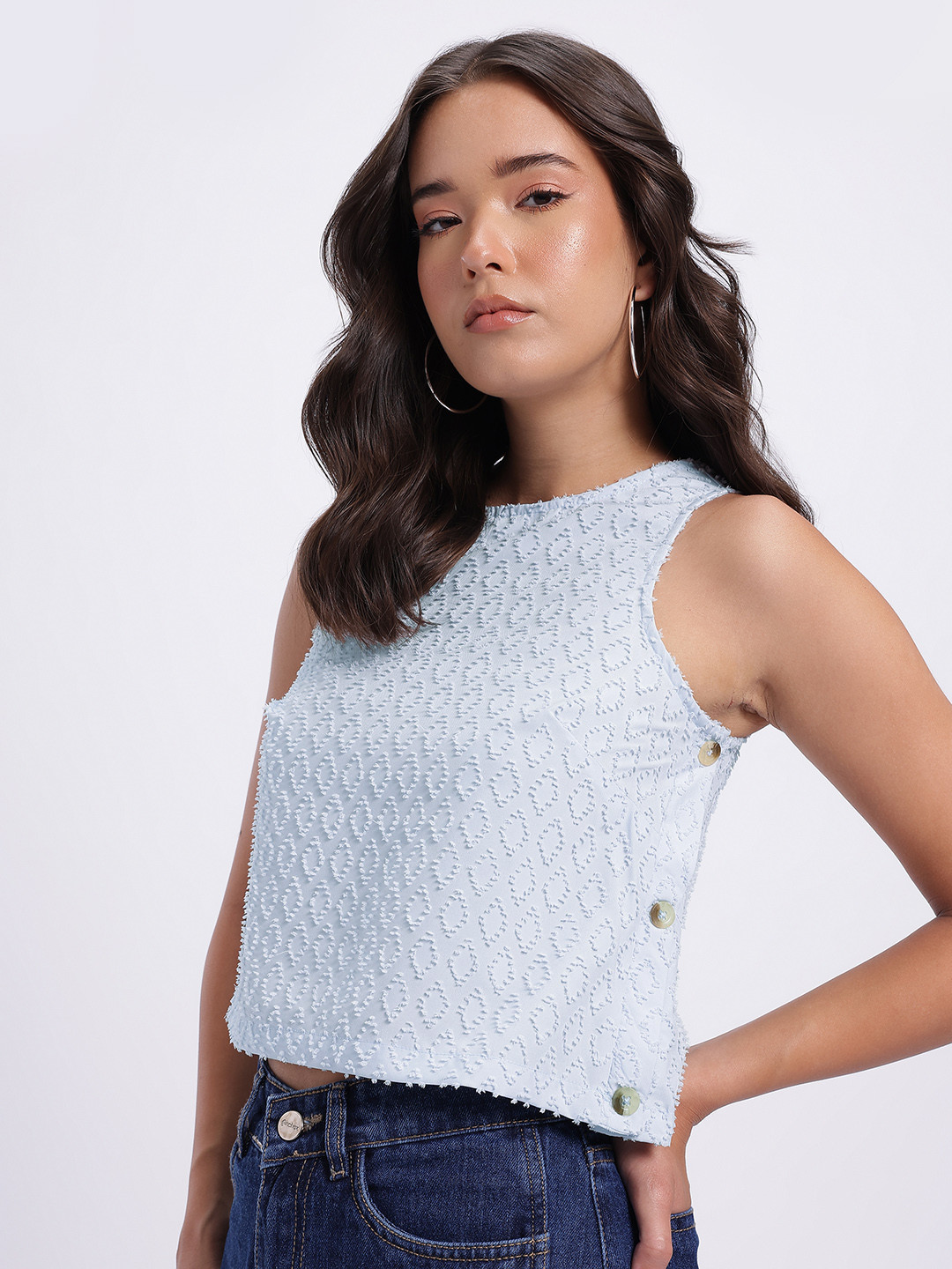 glitchez Geometric Frayed Crop Top With Button Details