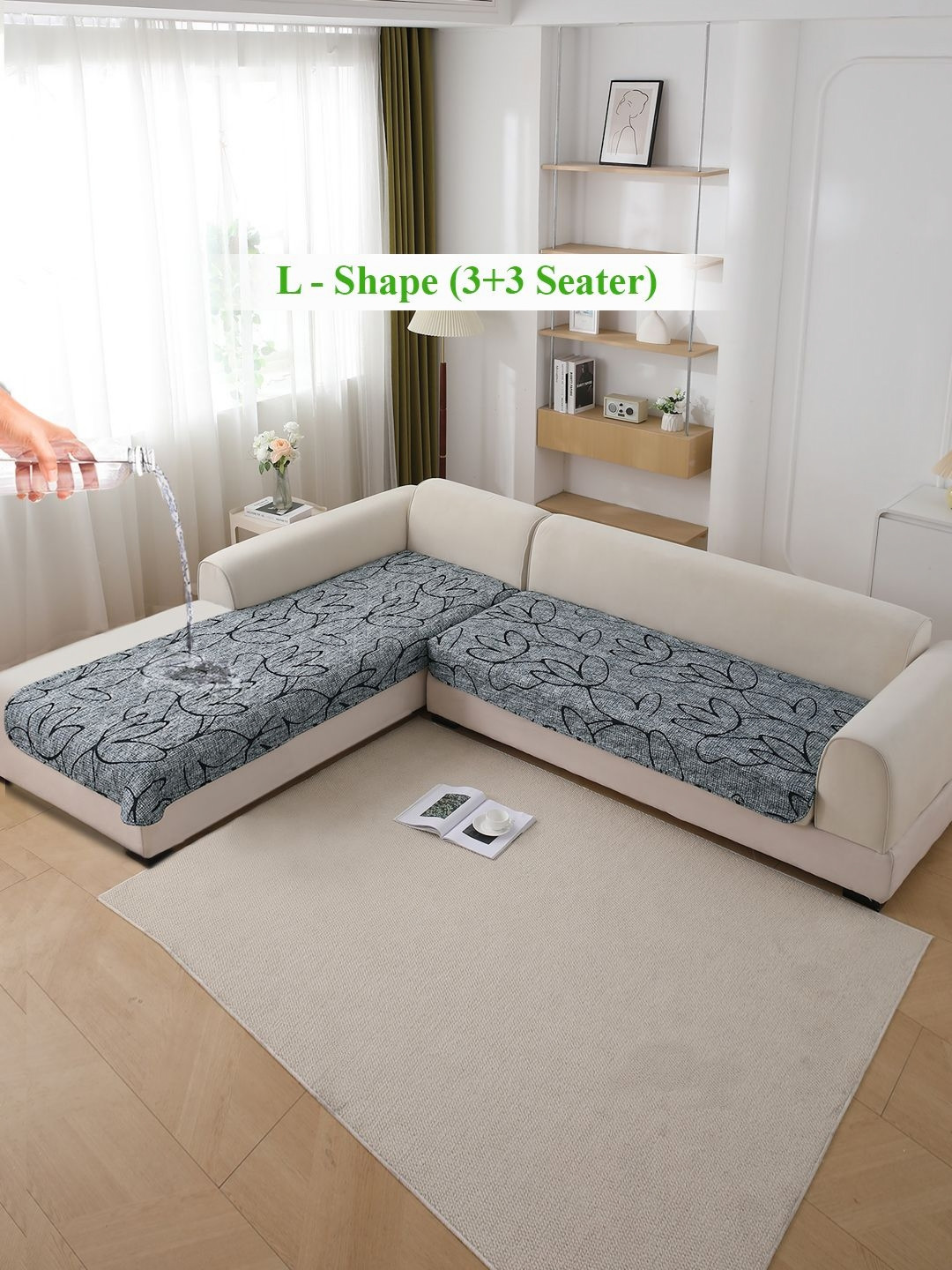 HOKIPO Intense Grey 2 Pcs Abstract Floral Printed Waterproof 6 Seater Sofa Seat Cover Mat