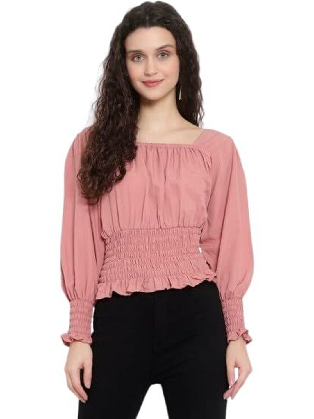 2 PC COLLECTION Square Neck Long Sleeves Smocked Cinched Waist Top