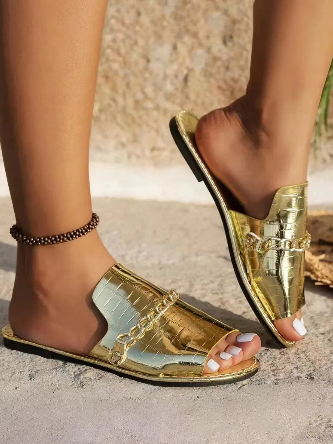 MONRSH Metallic Open Toe Flats With No Back Strap