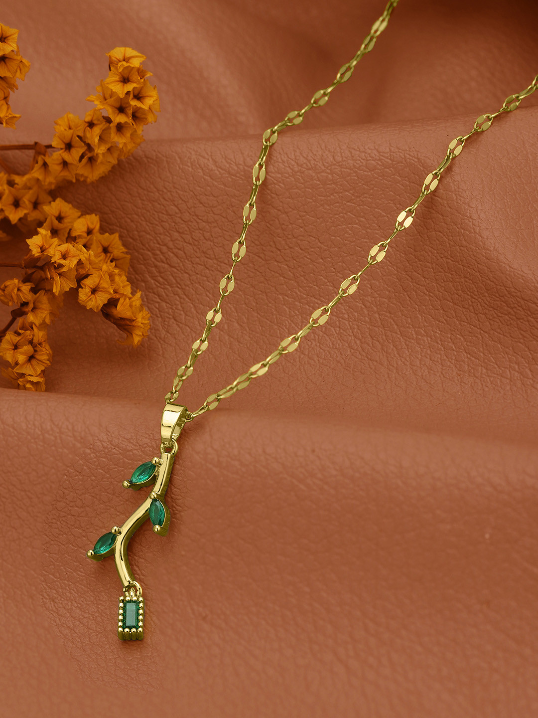 Gold Plated Green CZ Leaf Pendant with Chain