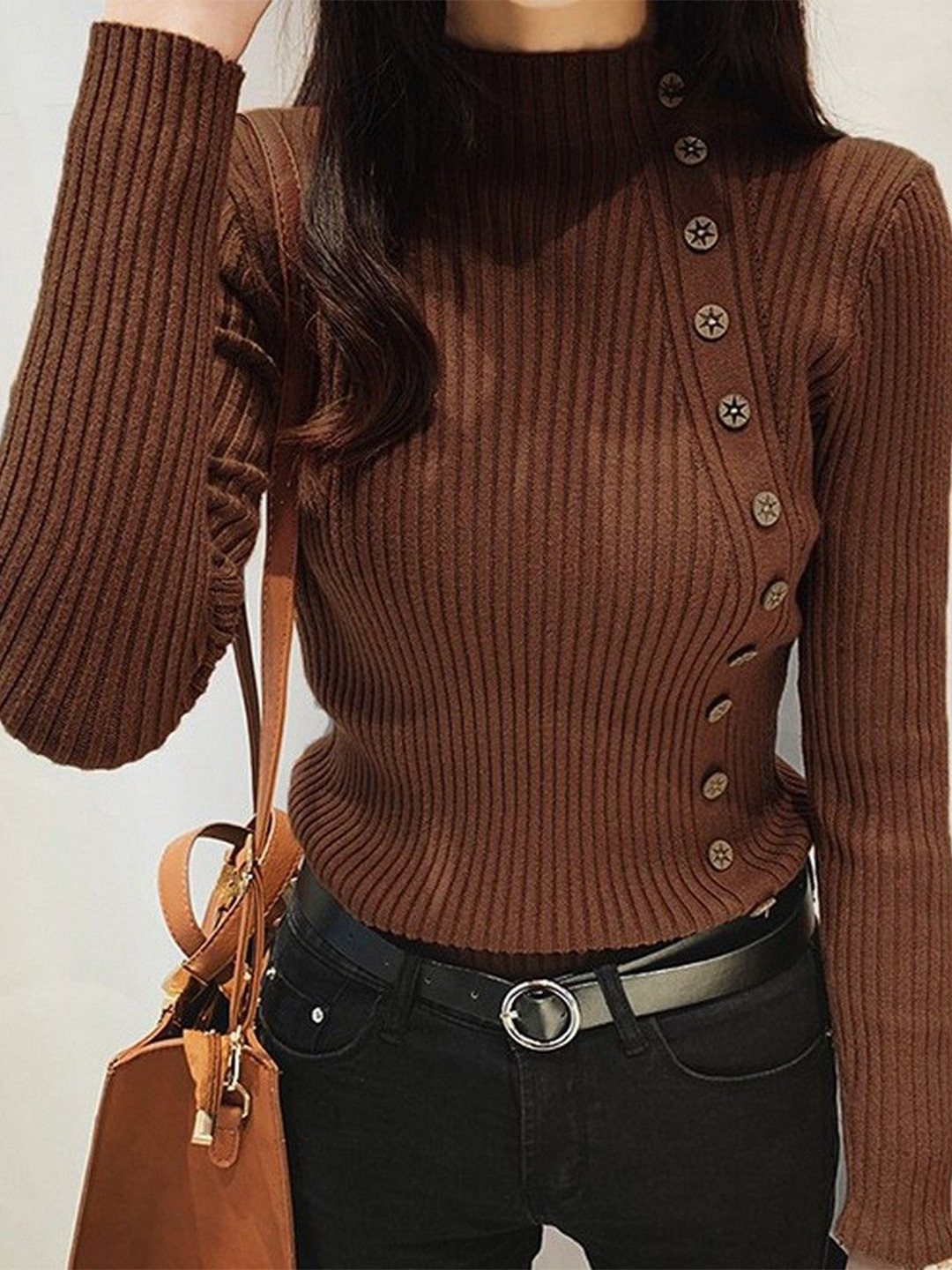 StyleCast Women Asymmetrical Button Ribbed Knit Sweater