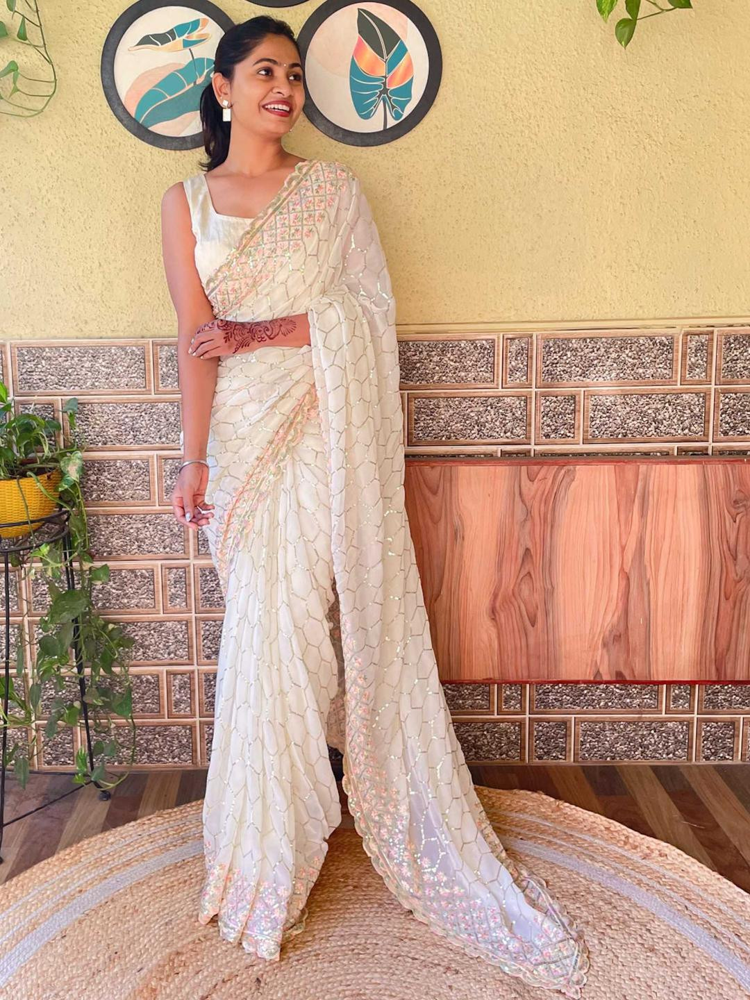 KALINI Cream Poly Georgette Embroidered Sarees