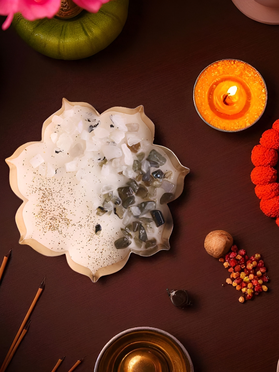 Shubhanjali Lotus Urli Candle for Transformation with Healing Crystals