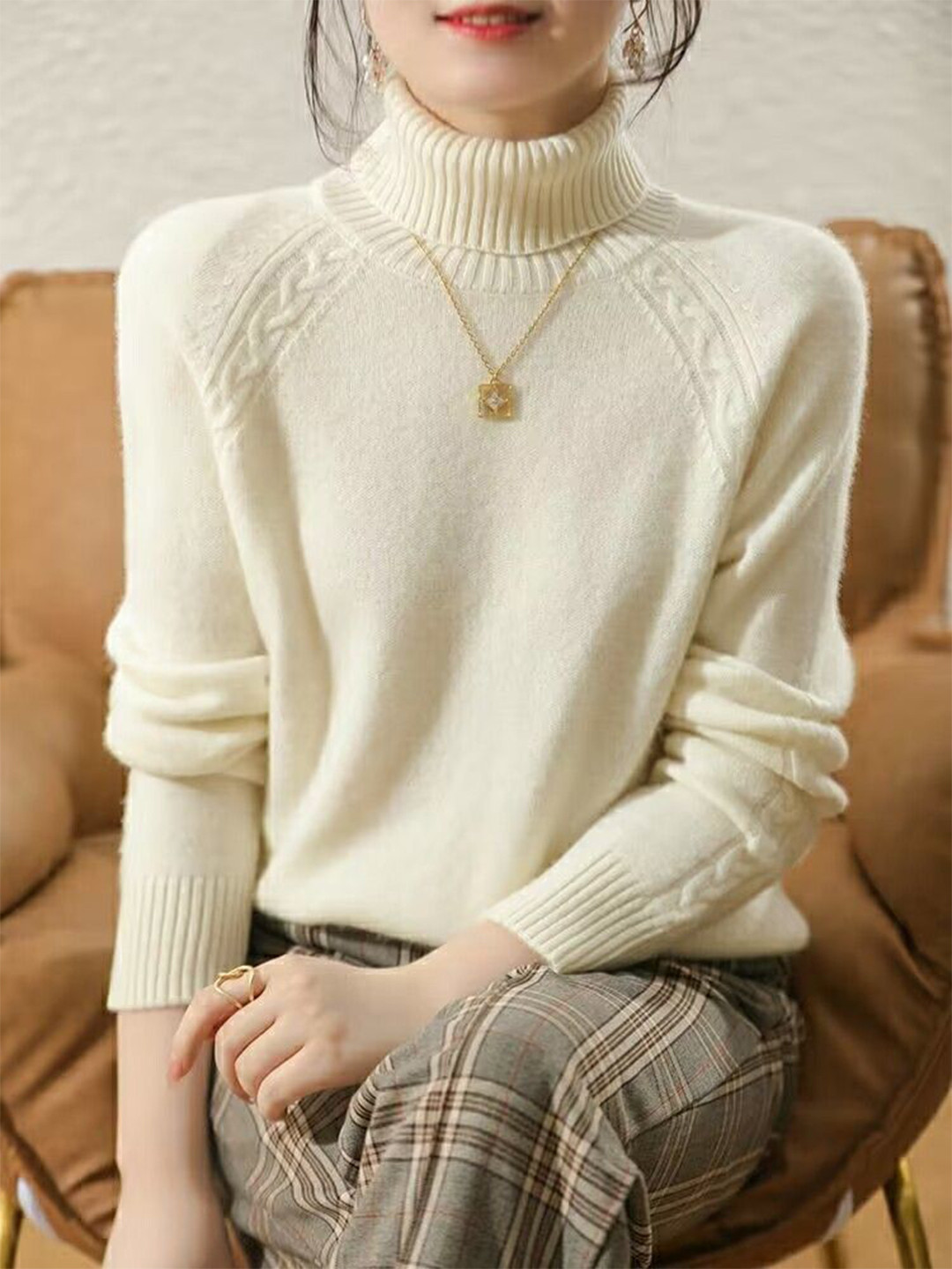 StyleCast Self Design Turtleneck Cable Relaxed Fit Raglan Sleeve Ribbed Pullover