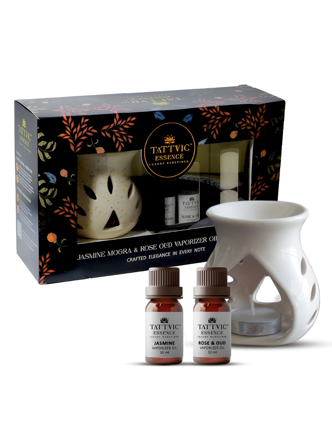 Tattvic Black 9 Pieces Ceramic T-light Aroma Diffuser With Fragrances Oils - 10 ml Each