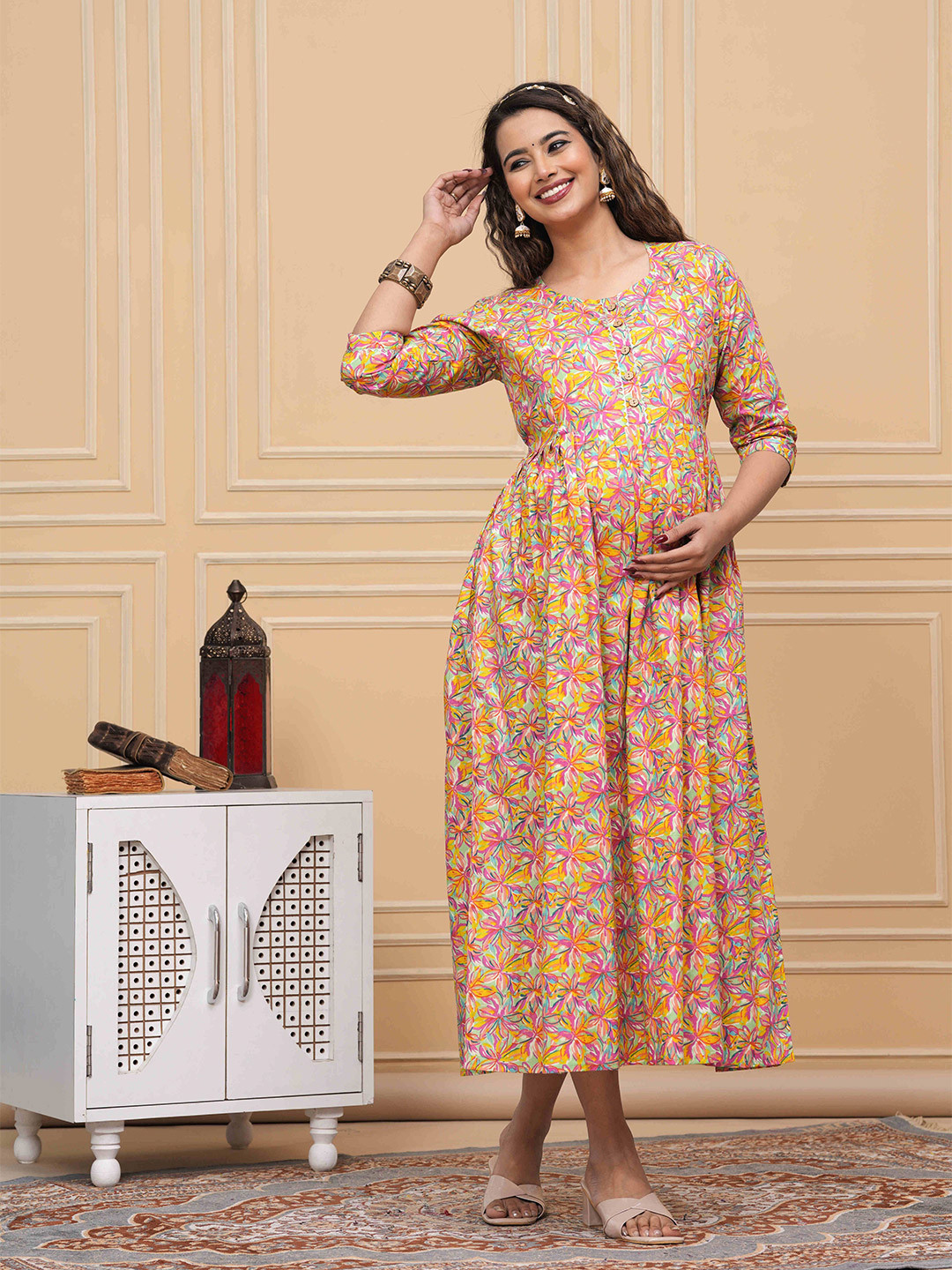 FACON GRAVIDA Floral Printed Fit & Flare Cotton Midi Maternity Dress