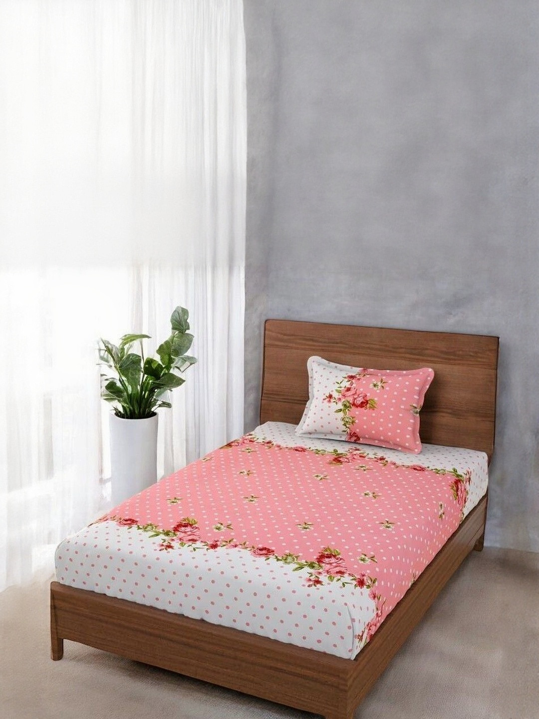 WELLNEST Pink Printed110 TC Cotton Single Bedsheets