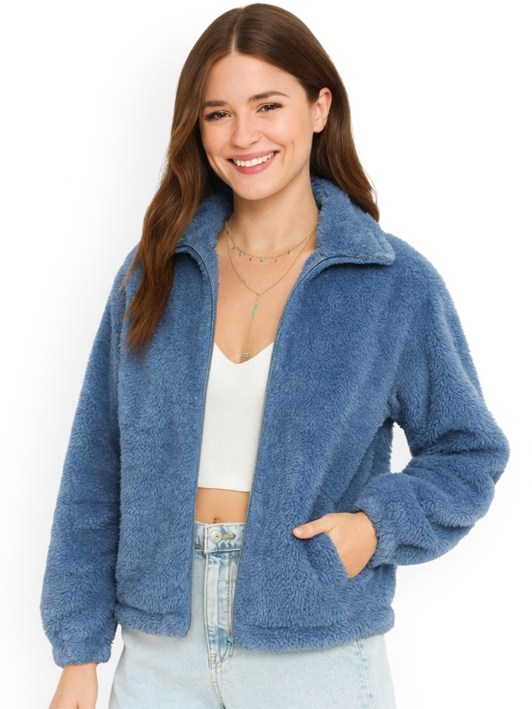 The Dry State Women Spread Collar Self Design Sherpa Jacket