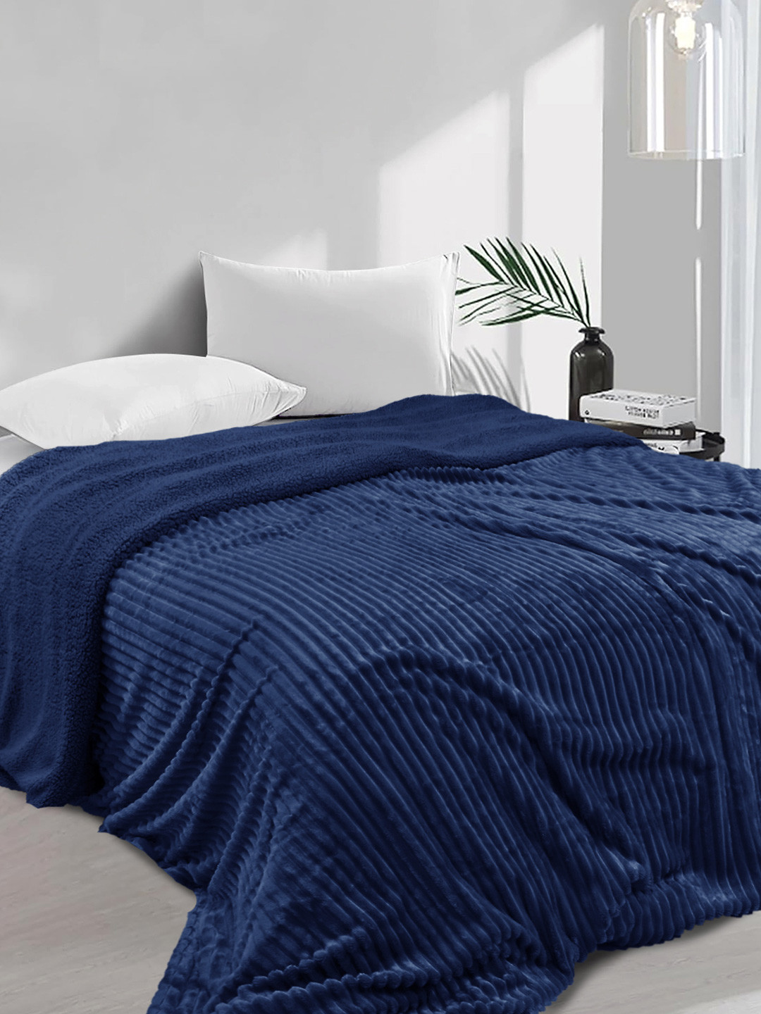 FABINALIV Navy Blue Striped Mild Winter 450 GSM Micro Fiber Filling Double Bed Comforter