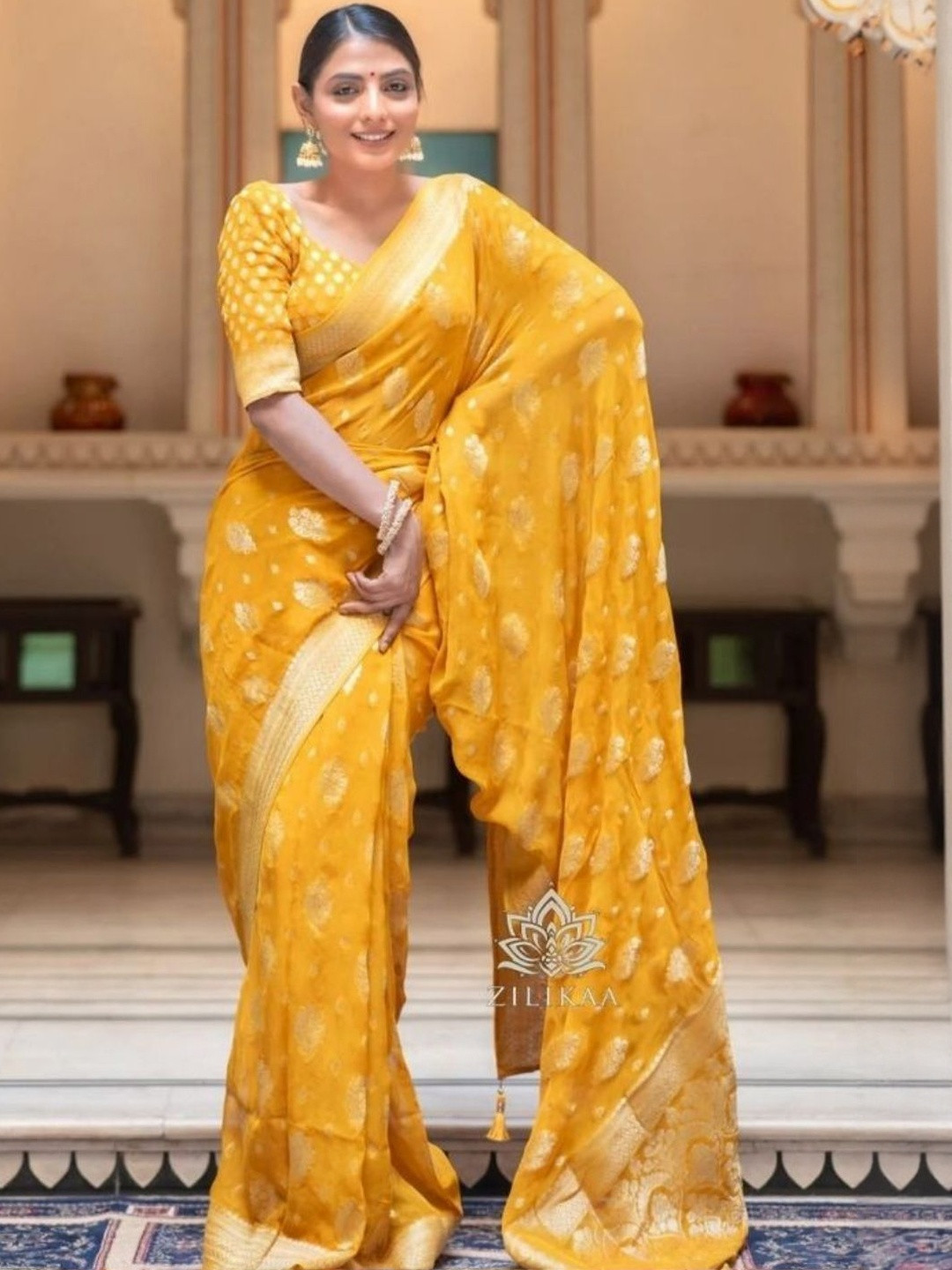 PEACH PIPER Ethnic Motifs Woven Design Zari Banarasi Saree With Blouse Piece