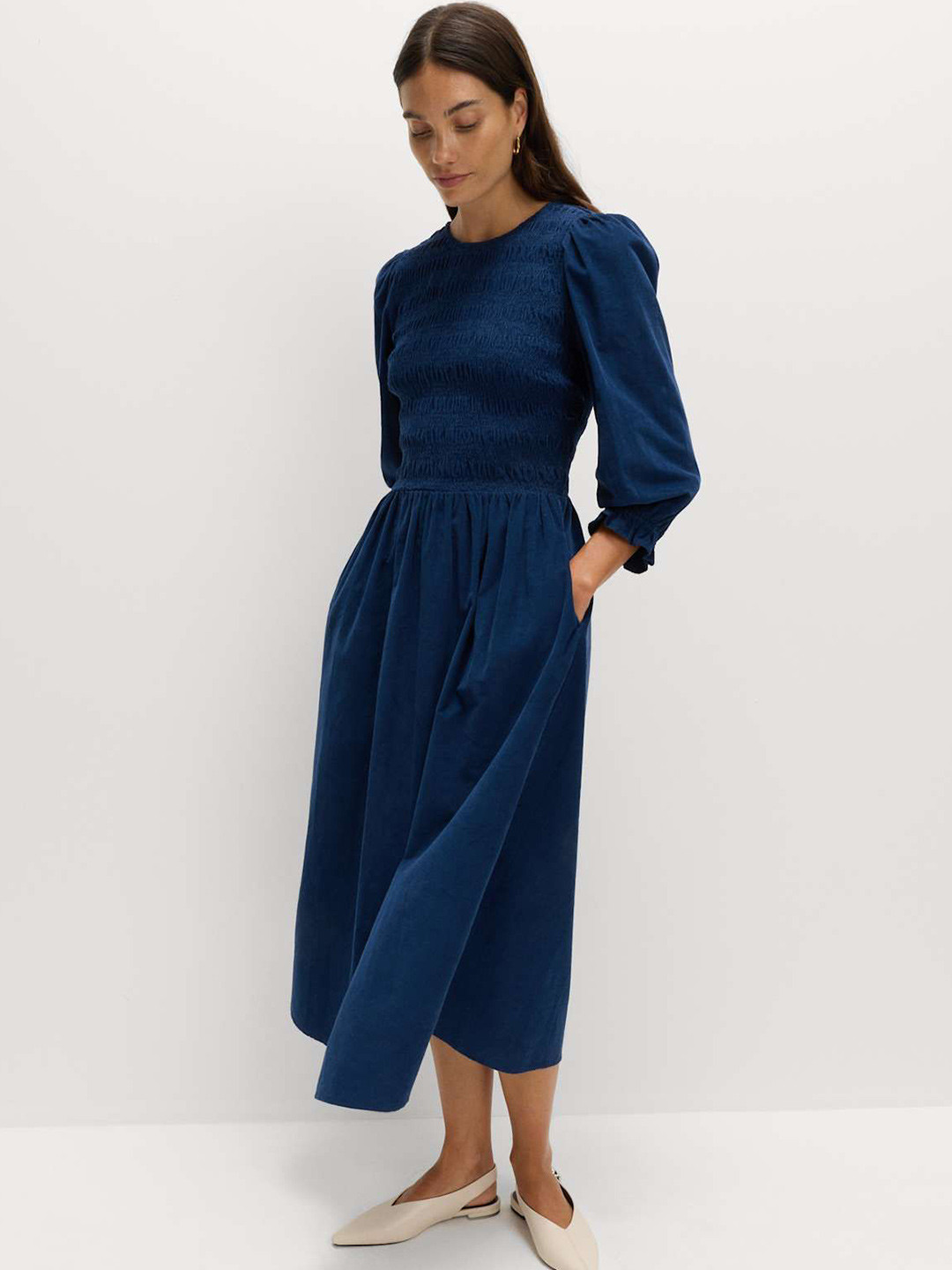 Marks & Spencer Corduroy Midi Shirred Waisted Dress
