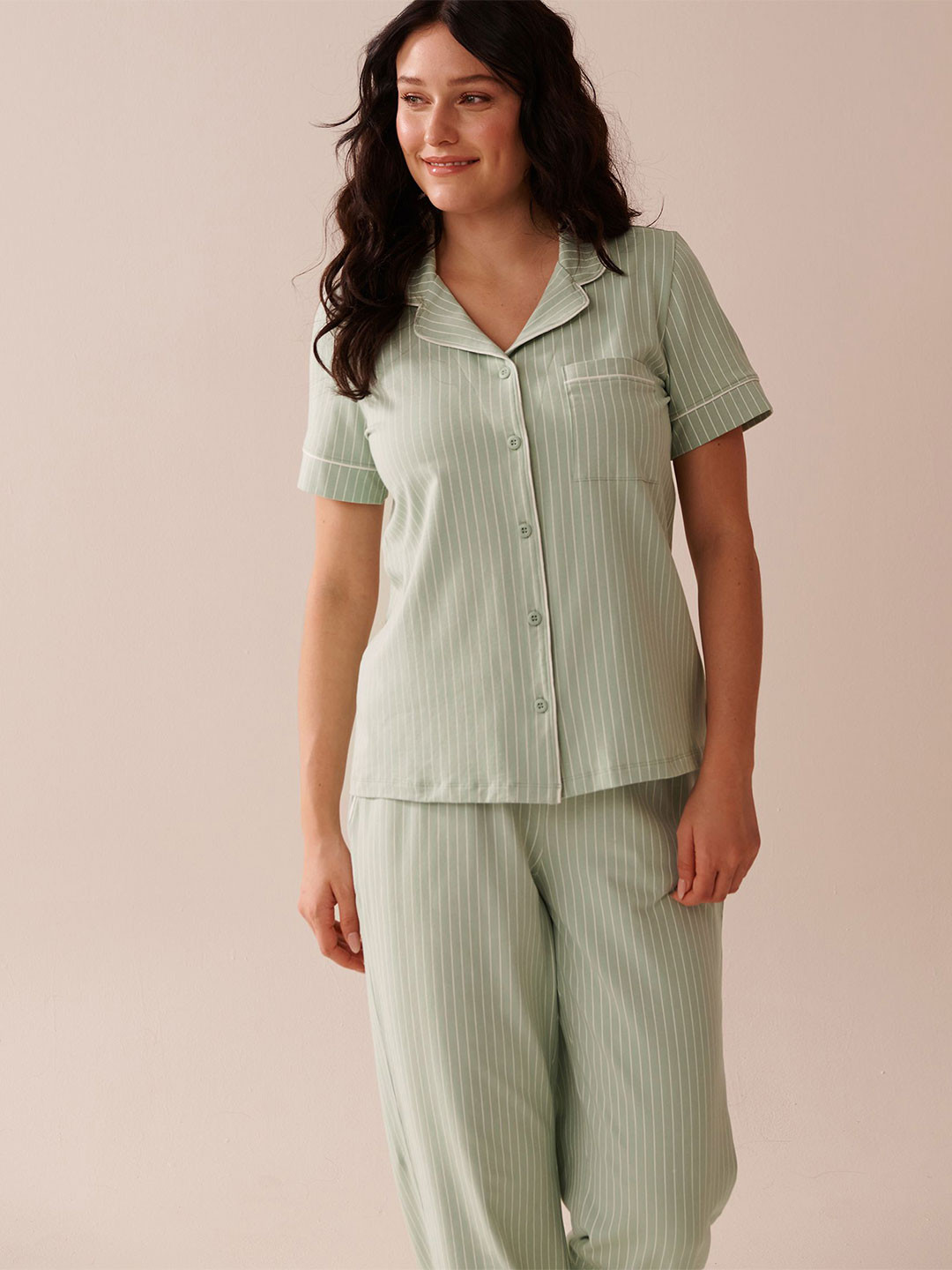 La Vie en Rose Striped Lapel Collar Short Sleeves Shirt With Pyjamas