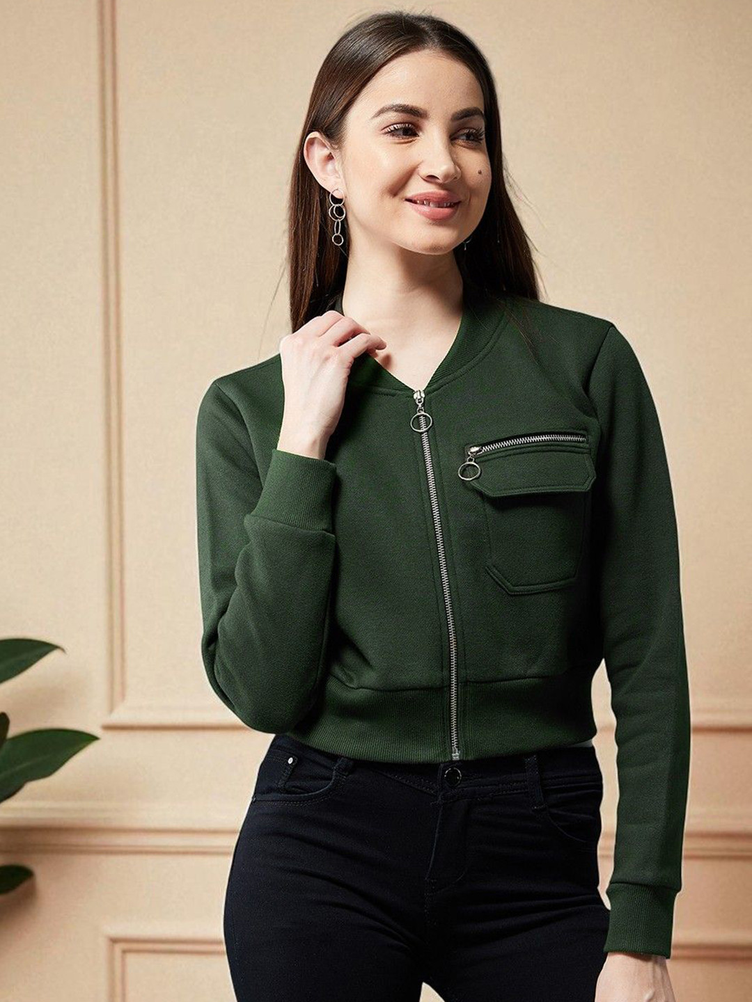 Mast & Harbour Women Stand Collar Full Sleeves Cotton Boxy Bomber Cropped Jacket