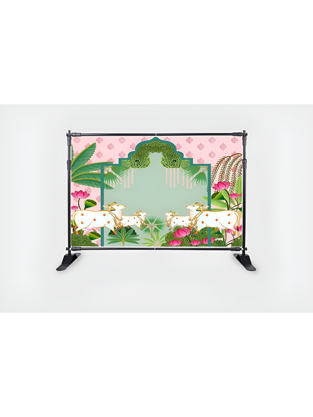 Backdropon Green & Pink Printed Holy Cow Kamdhenu Pichwai Design Tapestry