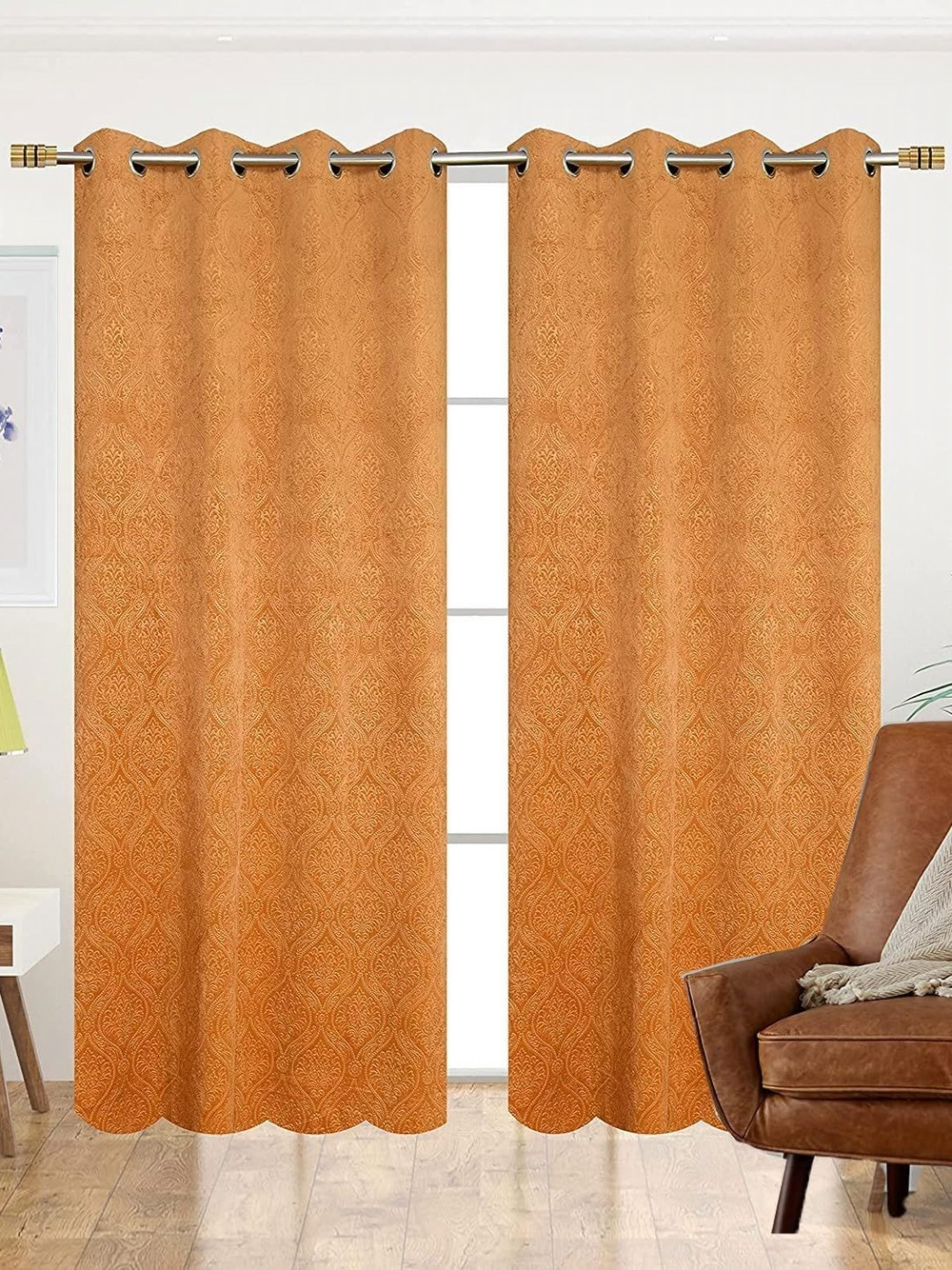 Aura Gold-Toned & White 2 Pieces Floral Printed Room Darkening Velvet Door Curtains