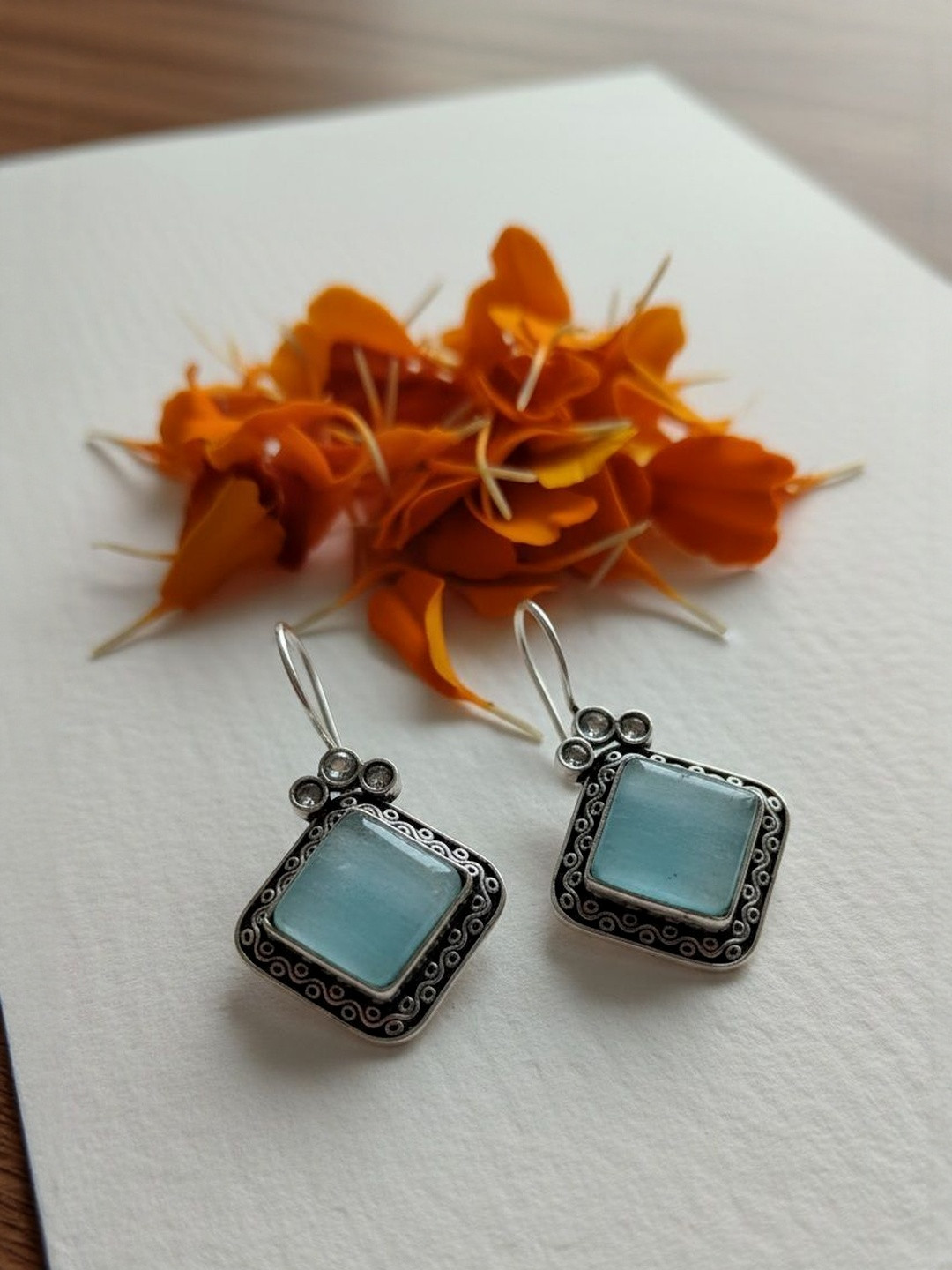 Arjun Traders Silver-Plated Stones Studded Oxidised Diamond Shaped Drop Earrings