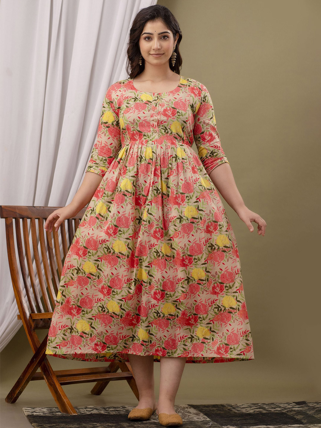 FACON GRAVIDA Floral Printed Round Neck Fit & Flare Maxi Dress