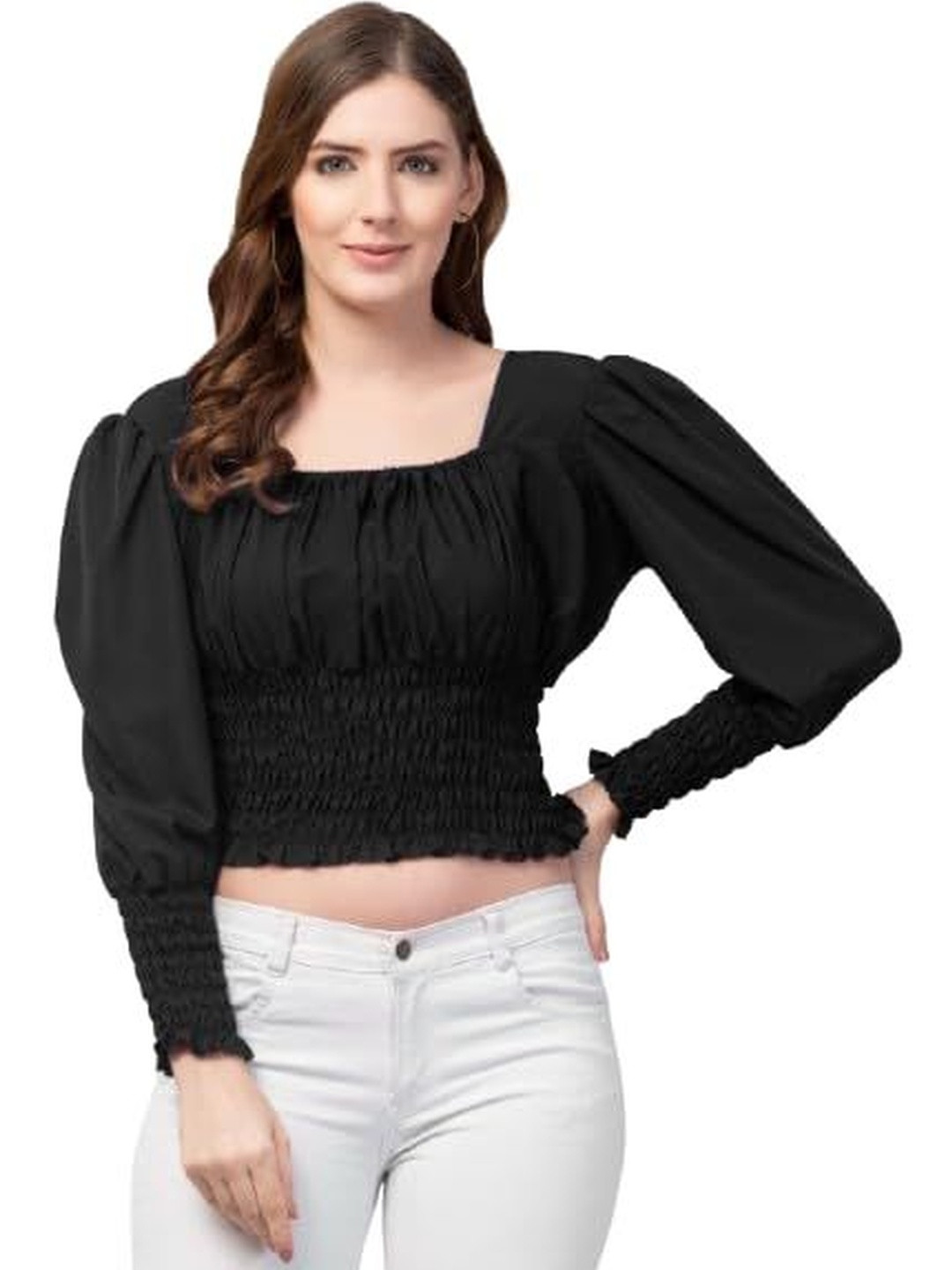 2 PC COLLECTION Women Solid Long  Puff Sleeve Smocked Crop Top