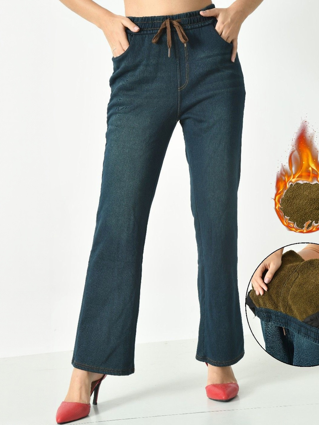 PIFTIF Women Blue Fleece Winter Warm Thermal Denim Legging