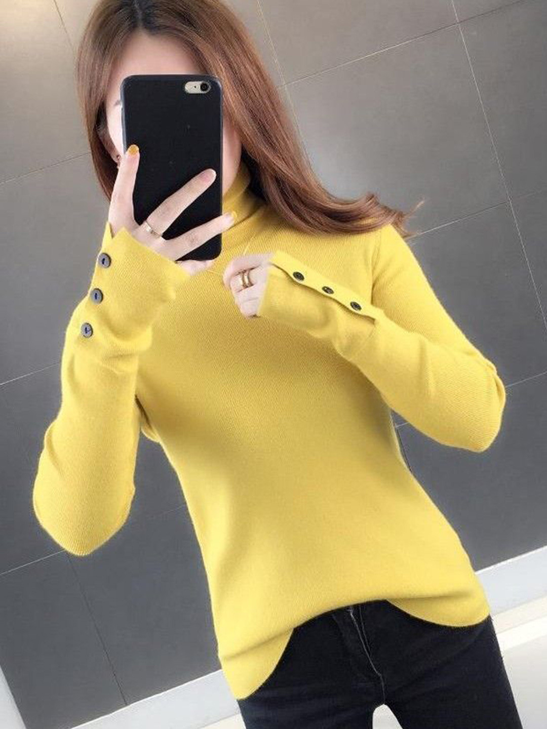 StyleCast Women Ribbed Turtle Neck Pullover Sweater With Button Cuff Detail
