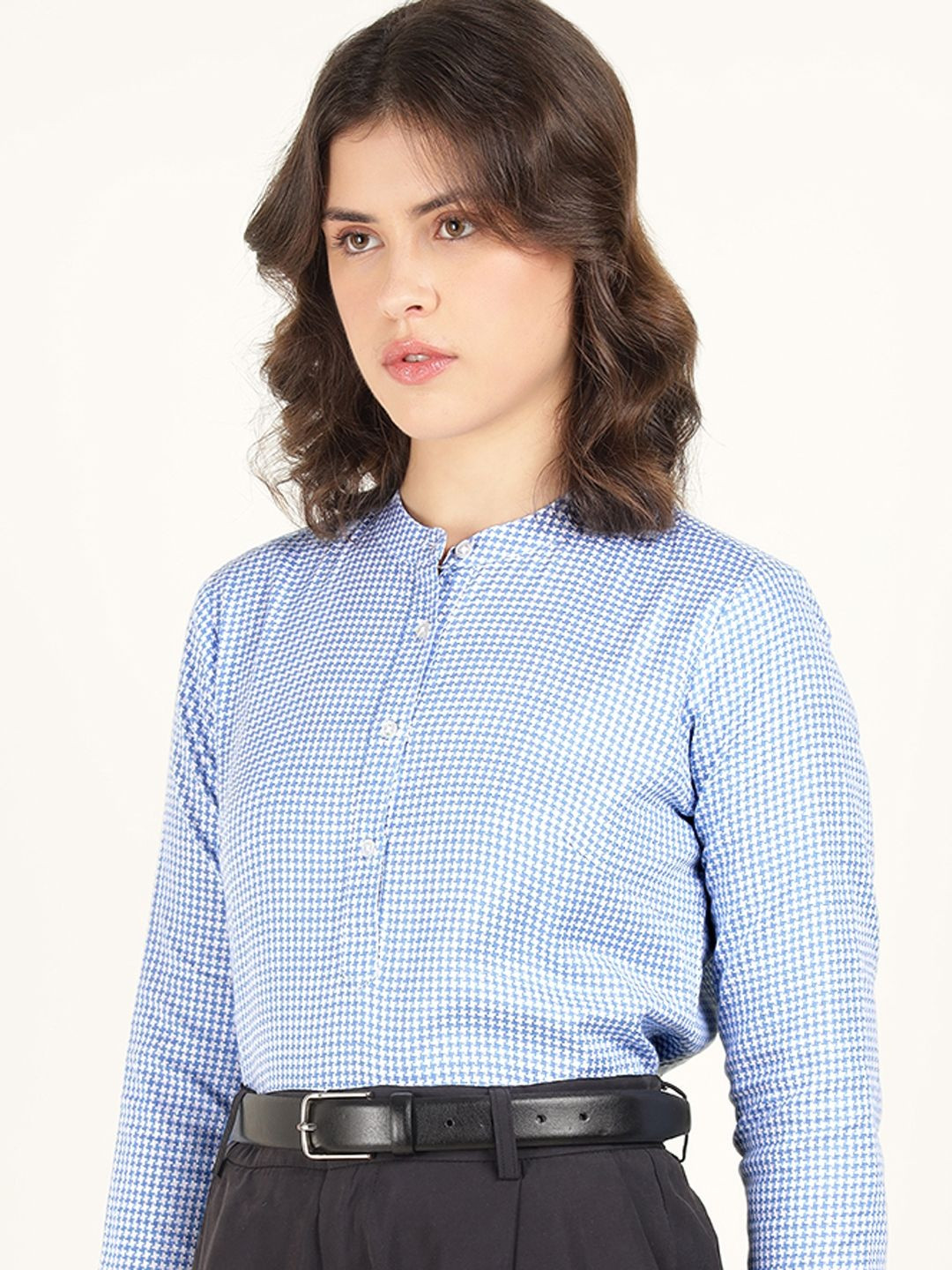 Women Houndstooth Pure Cotton Formal Top