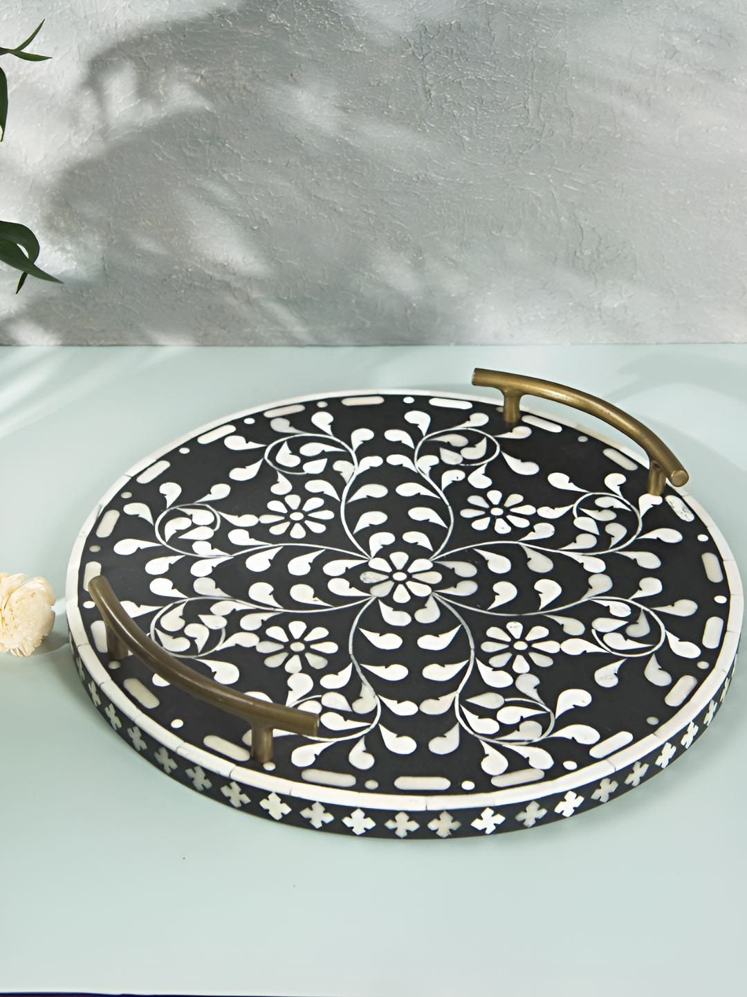 Fabindia Amaya Black & White Printed Wooden Round Serving Tray