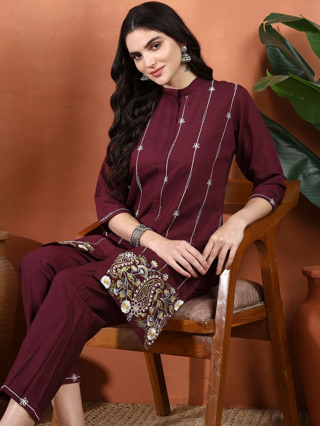 Sangria Women Floral Embroidered Vatikan Silk Kurta with Trousers Coord Set