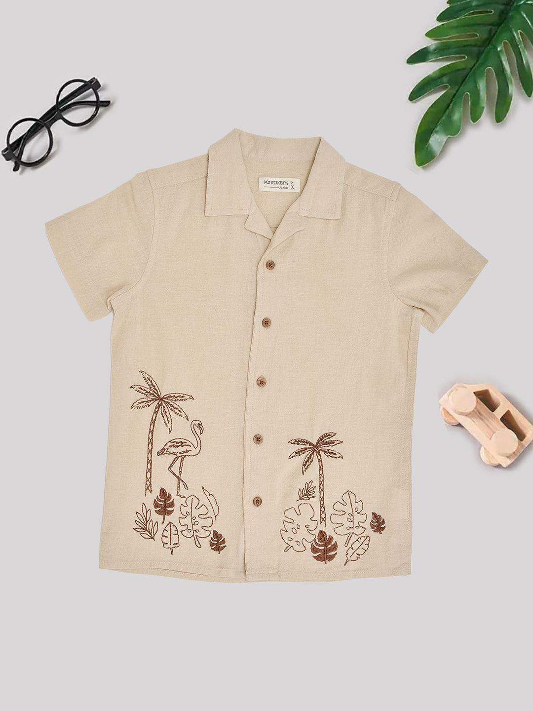 Pantaloons Junior Boys Graphic Self Design Cuban Collar Casual Shirt